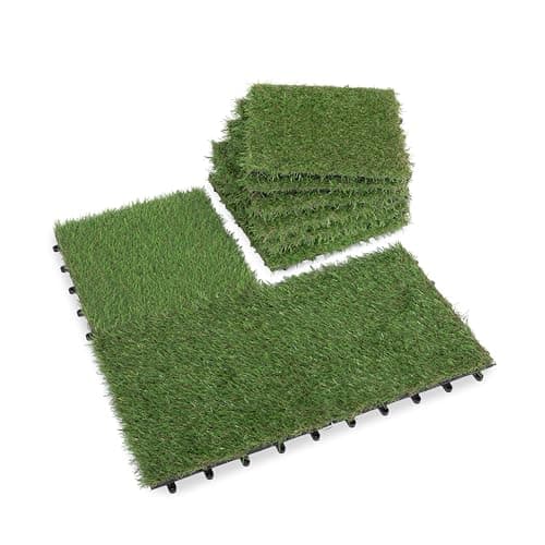 Artificial Grass Turf Tiles Interlocking Set 10 Pieces, Fake Grass Tiles Self-draining for Pet Indoor/Outdoor Flooring Decor,11.8x11.8 inches