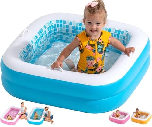 GRIP A POOL Inflatable Baby Pool with Grip Handle Bars and Blow Up Padded Floor with Drain - Small Square Kiddie Pool for Toddlers 1-3 Perfect Mini Bathtub and Ball Pit 34" Summer Blue