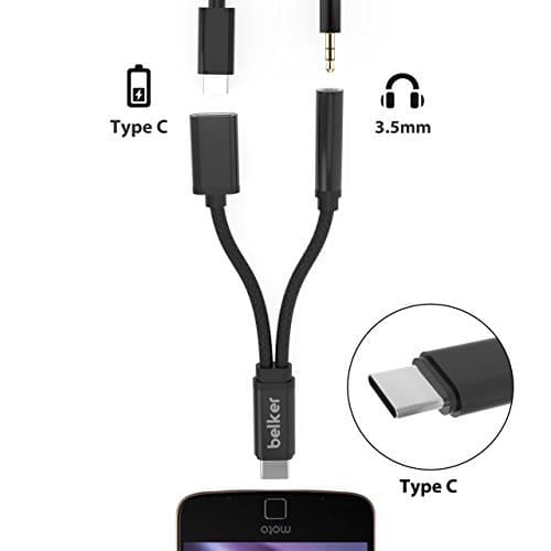 2 in 1 USB C to 3.5mm Headphone Jack Adapter,Belker Nylon Braided 2 in 1 Type C to 3.5mm Audio Charge Cable for Moto Z,Samsung S8/N8,Nexus,etc.NOT Support Pixel 2/2XL (Black)