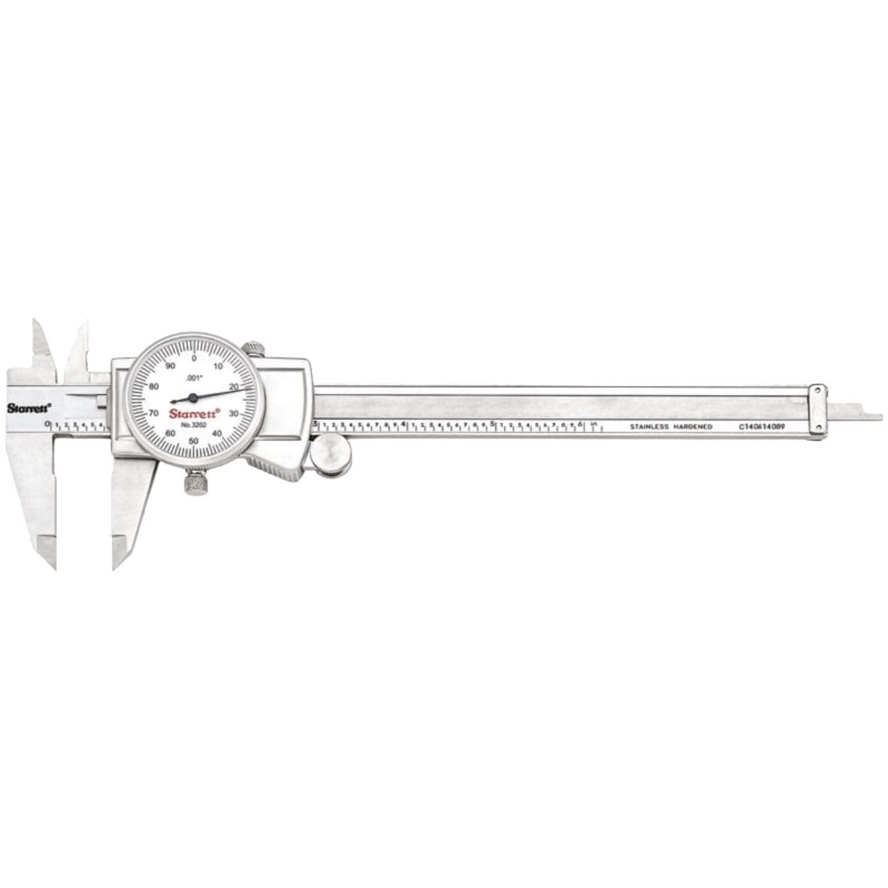 Dial Caliper with Adjustable Bezel and Fitted Case - White Face, 0-6" Range, -0.001" Accuracy, .001" Graduation - 3202-6