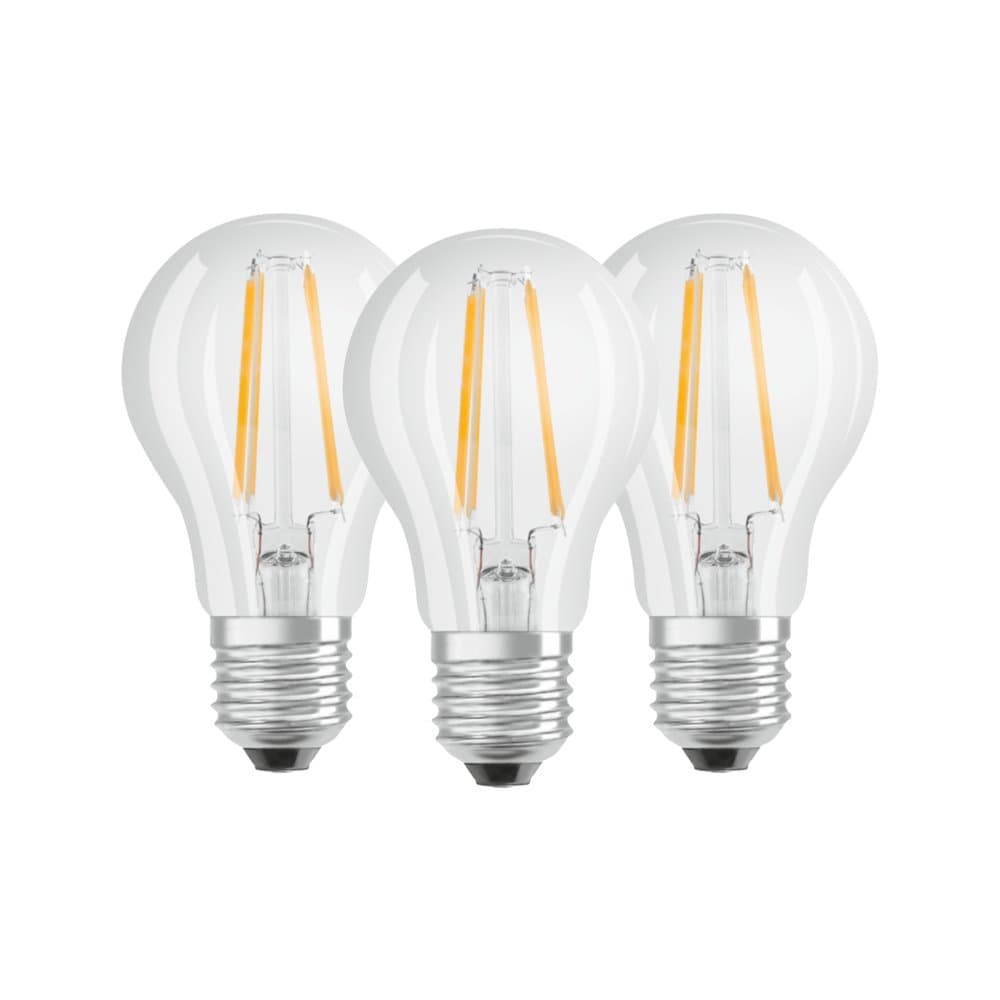 Osram LED Base Classic A Bulb Light with E27 Base, Dimmable, 6.5 W = 60 Watt, Filament Style Transparent, Cool White - 4000 Kelvin, Pack of 3