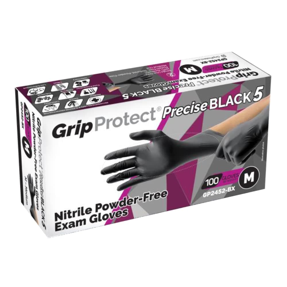 GripProtect Precise Black 5 Nitrile Exam Gloves | 5 Mil Thickness | Chemo-Rated | Medical, Law Enforcement, Tattoo, Dental, Janitorial, Food & Agriculture (XL, 100)