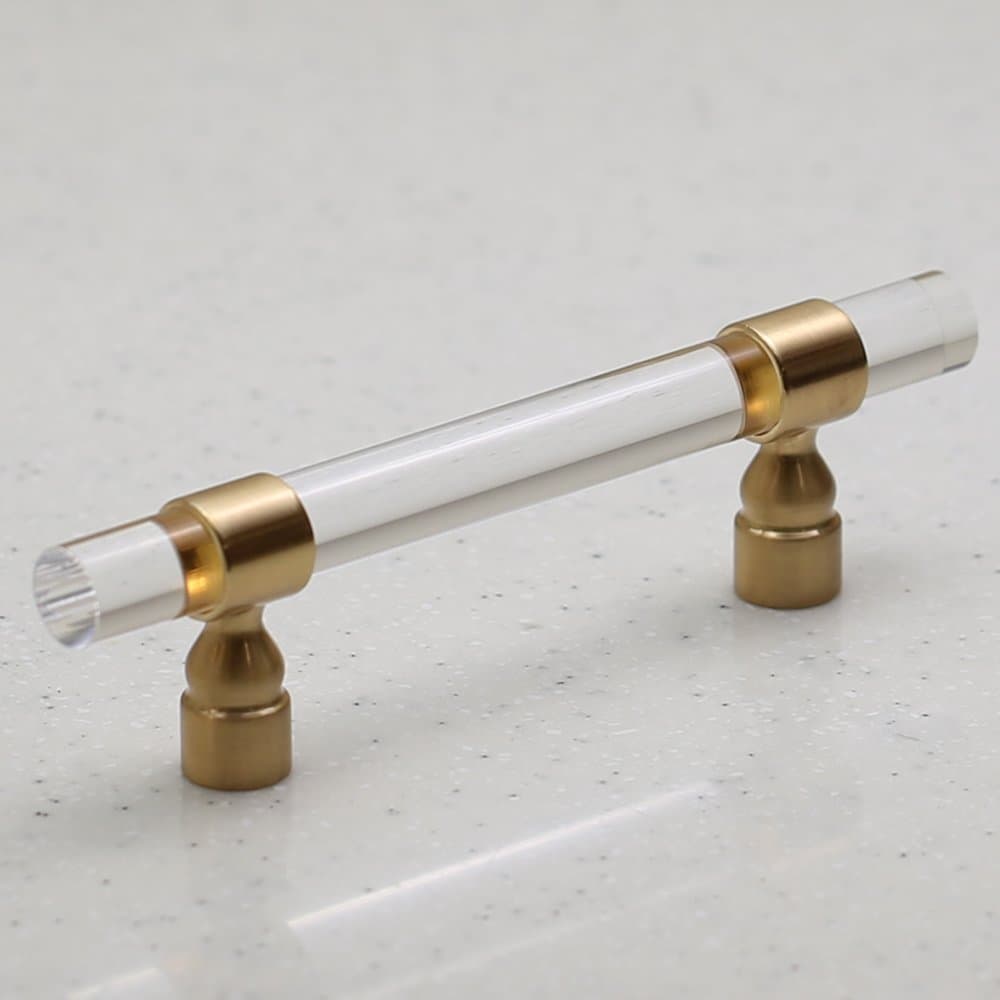 Lucite on Satin Gold - Pull - 96mm Hole Centers, 6" Overall Length - Modern Gold - Clear Acrylic Cabinet Handle Furniture Door