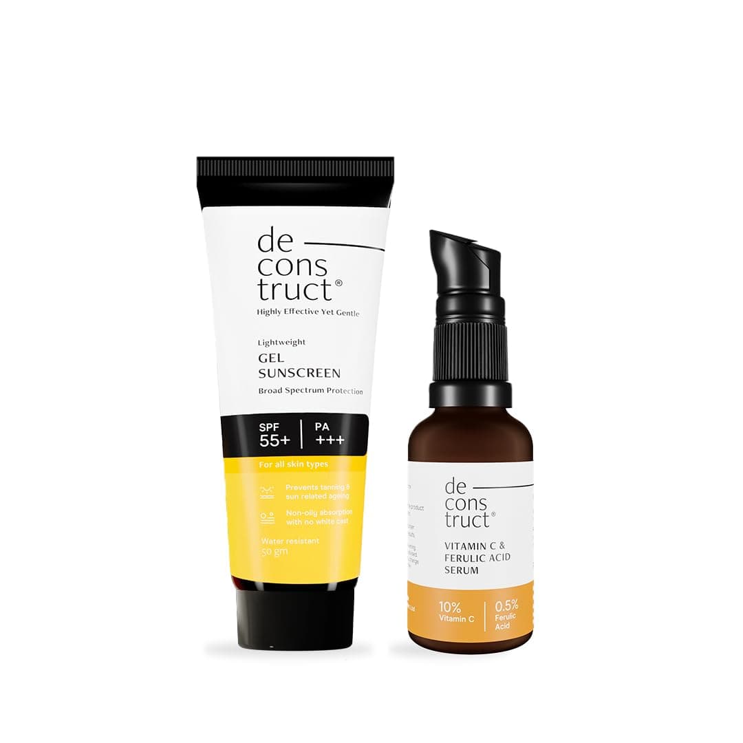 Deconstruct Sun Protect Duo | 10% Vitamin C Face Serum (30 ml) + Gel Sunscreen (50 g) | Get Glowing Skin with Sun Protection | SPF 50+ | No White Cast, Non Irritating & Lightweight | Pack of 2