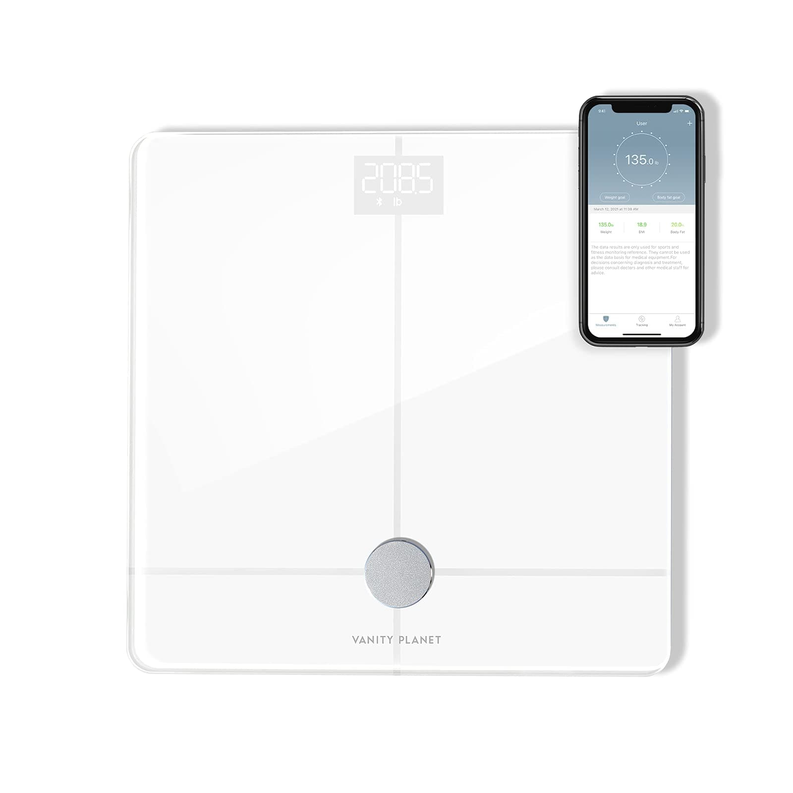 Vanity Planet Form Fit and Bluetooth Digital Body Analyzer - Smart Scale Tracks 13 Fitness Metrics Including Fat, Weight, Muscle/Bone Mass, Water Weight - 397 Pound Capacity - White, 5 Pound