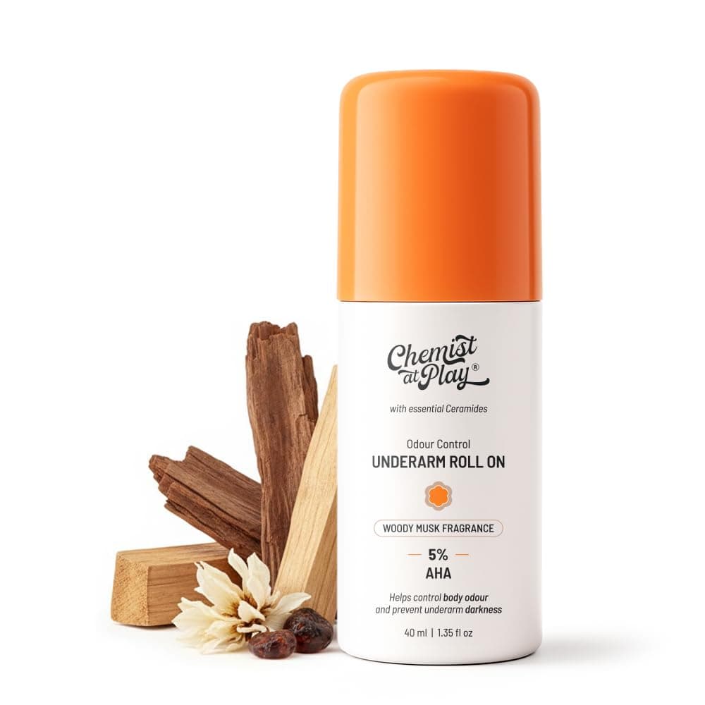 Chemist At Play UnderArm Roll On with 5% AHA, Lactic Acid & 1% Mandelic Acid|Prevents Body Odour, Fades Pigmentation & Kills Bacteria|0% Aluminium & 0% Alcohol |Woody Musk Fragrance| 40ml