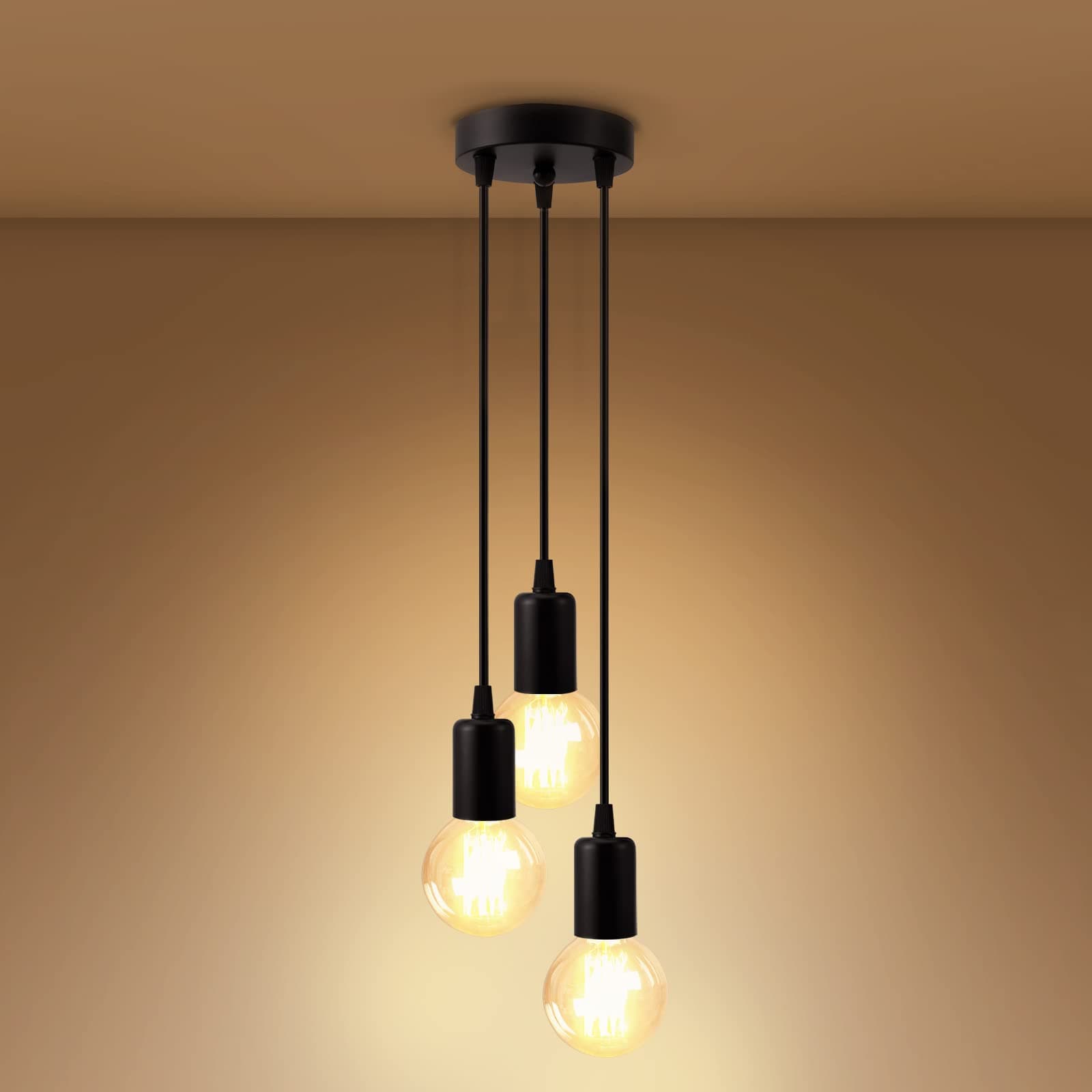 EMKE Industrial Pendant Light, Black Retro Ceiling Light 3-Light E27 Holder Vintage Light DIY Hanging Lights with Adjustable Wires for Living Room Coffee Shop Hotel Hallway Bar (Bulb not Included)