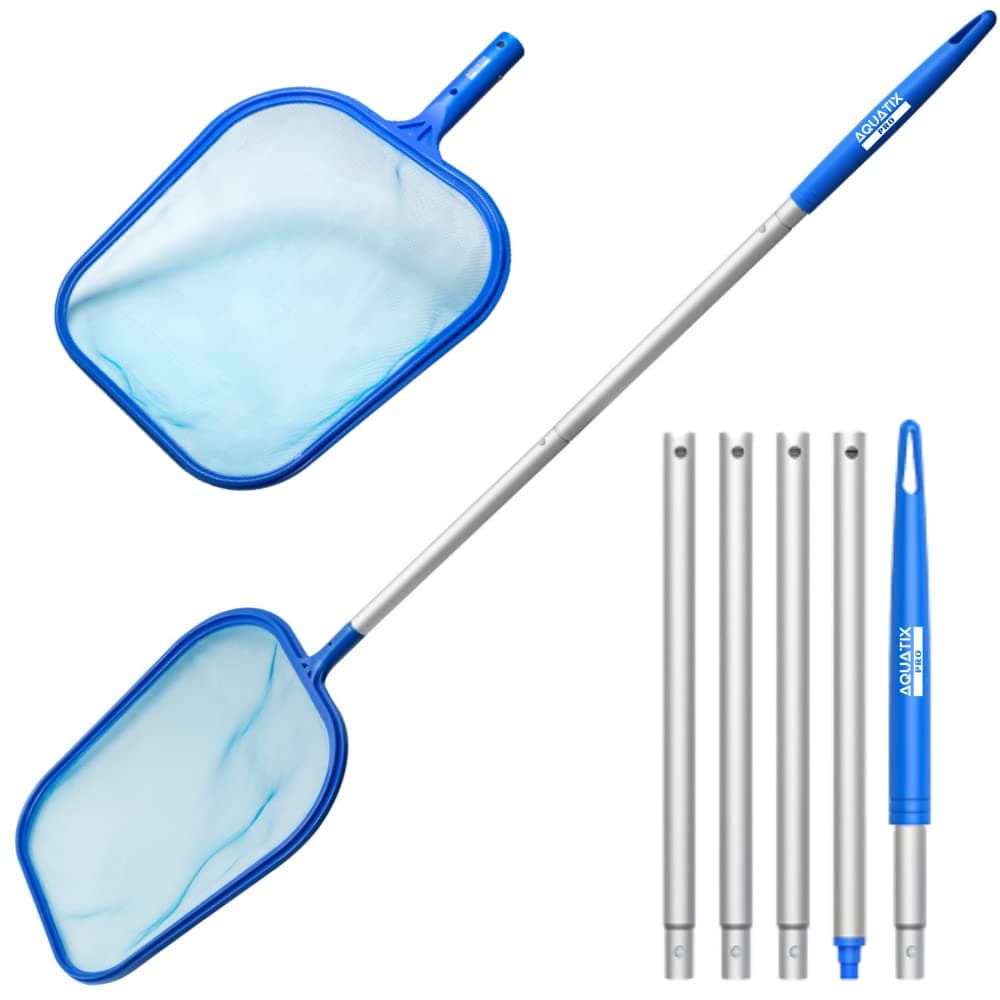 Aquatix Pro Pool Skimmer 5ft Long, 5 Section Connecting Pole with Hook Handle, for Spa, Hot Tub, Pond, Swimming Pools, Fine Mesh Bag, Hand Skimmer for Above & Inground Pools, Removes Debris!