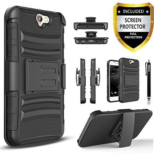 HTC One A9 Case, Combo Rugged Shell Cover Holster with Built-in Kickstand and Holster Locking Belt Clip + Circle(TM) Stylus Touch Screen Pen And Screen Protector - Black