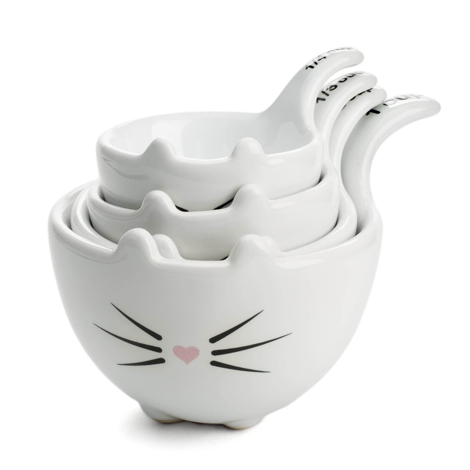 White Ceramic Cat Measuring Set: Shaped Bowls - 1, 1/2, 1/3 and 1/4 Cup Sizes