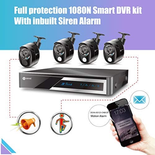 Anni 1080N HD Home Security Camera System CCTV Wired Surveillance DVR Kit, 8-Channel 1080N Digital Video Recorder, 4 x 1080p Cameras: 3 x PIR Sensor Camera, 1 x Siren Alarm Camera