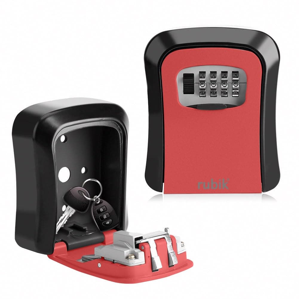 Rubik Key Storage Safe Box, 4 Digits Combination Key Lock Box with Resettable Wall Mounted for Outdoor and Indoor Home Hotel Office - Black/Red