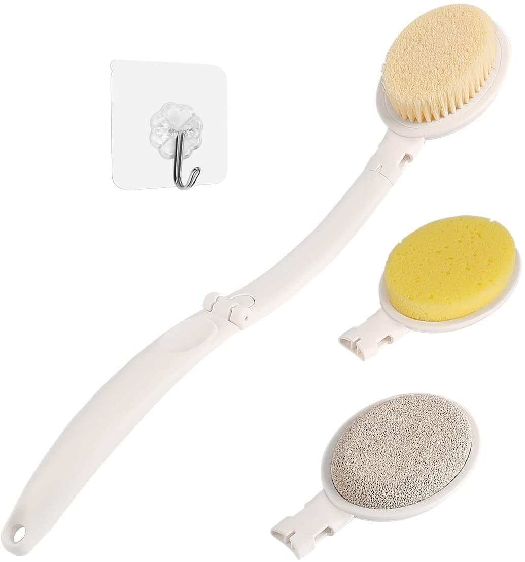 – Bath Brush, 3 in 1 Foldable Long Handle Body Back Scrubber with Brush Sponge Pumice Head for Shower, Exfoliating or Dry Skin Brushing