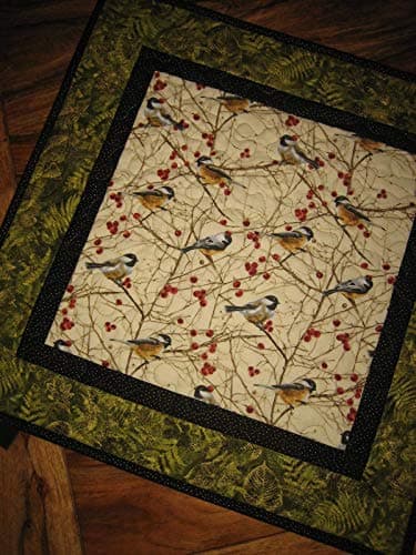 Chickadee Bird Green Leaf Fall Quilted Table Topper, Reversible 21 x 21 in.