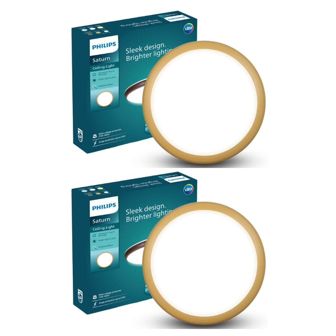 Philips 24W LED Surface Ceiling Light | Decorative IP44 WaterProof Saturn Gold Ceiling Light for Home| Warm White, Pack of 2