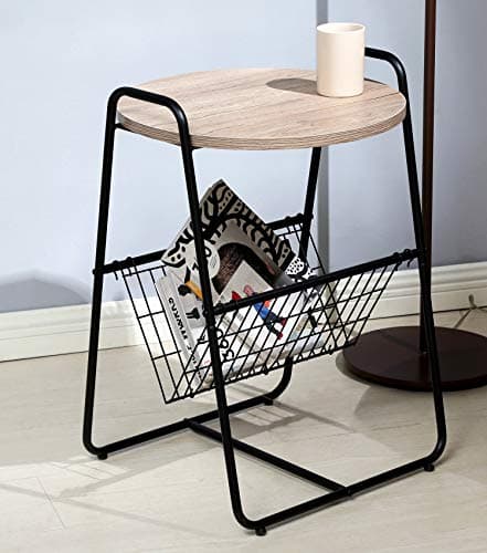 Salafey Modern Round Sofa Side Table End Table, Nightstand with Metal Storage Basket,Wood Look Accent Furniture for Bedroom Living Room
