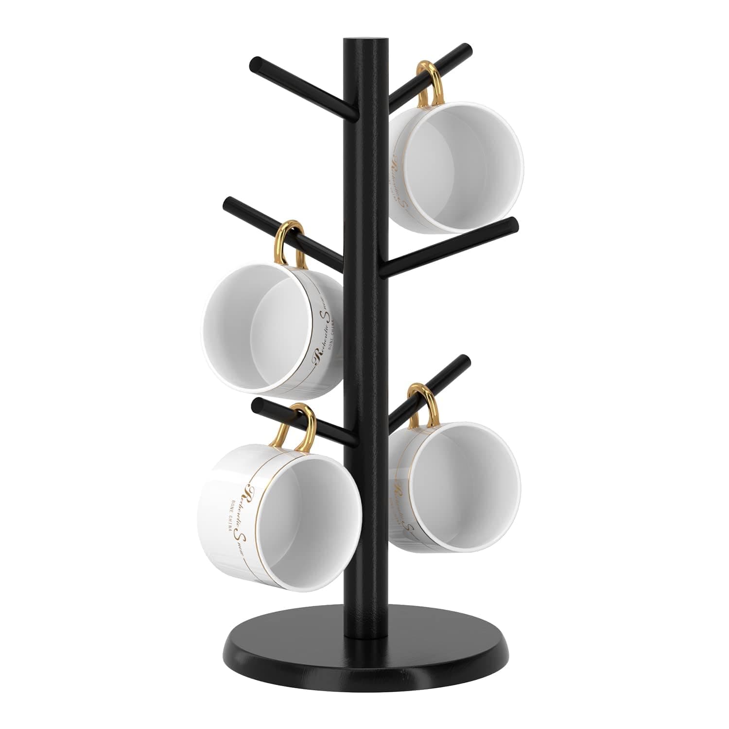Wisuce Black Coffee Mug Tree, Updated Thick Bamboo Mug Holder Base,Coffee Cup Stand Mug Holders with 6 Hooks for Countertop Cup Rack Organizer Stand (Black)