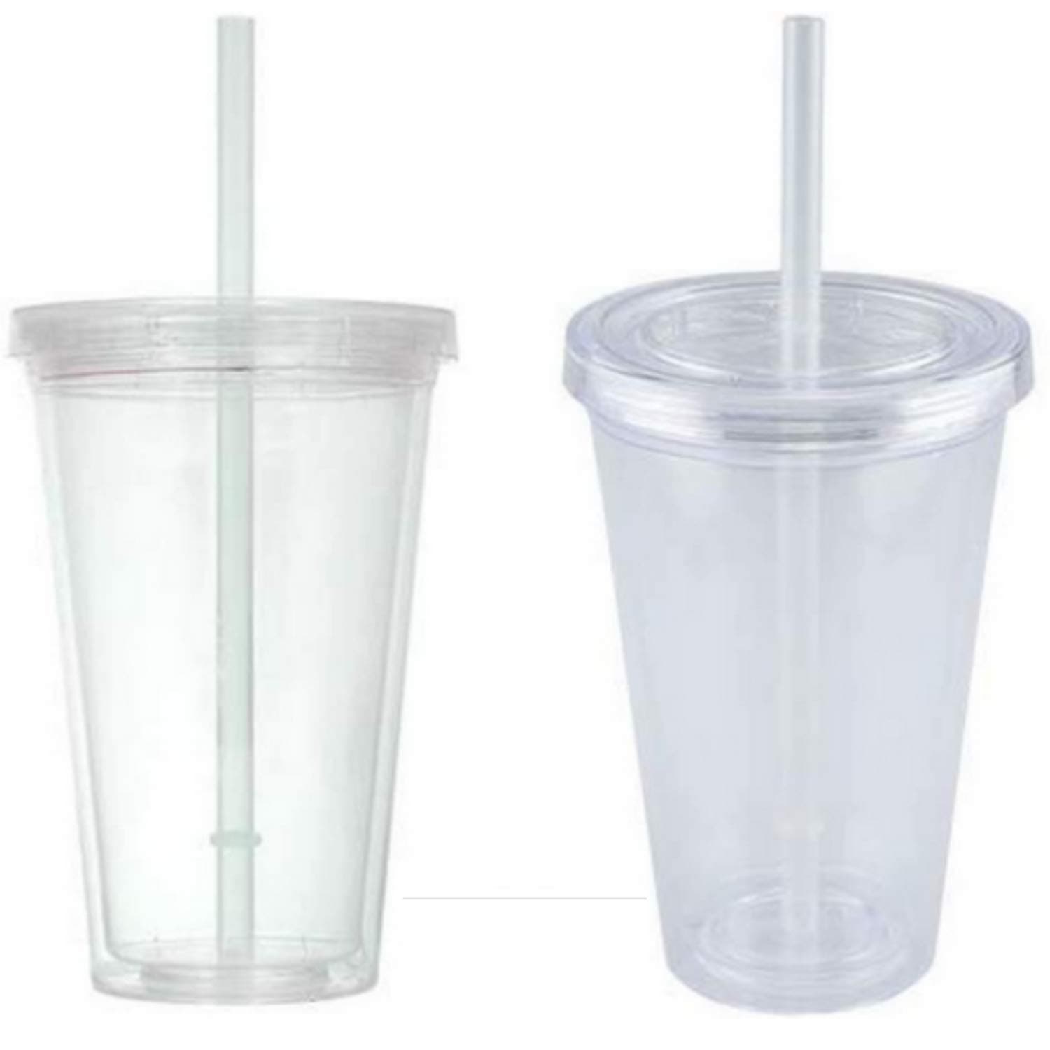 Plastic Cups - Tumbler (2 Pc) 16-oz Double-Wall Clear Plastic Tumblers - Drinking Glasses - Tumblers with Lids and Straws