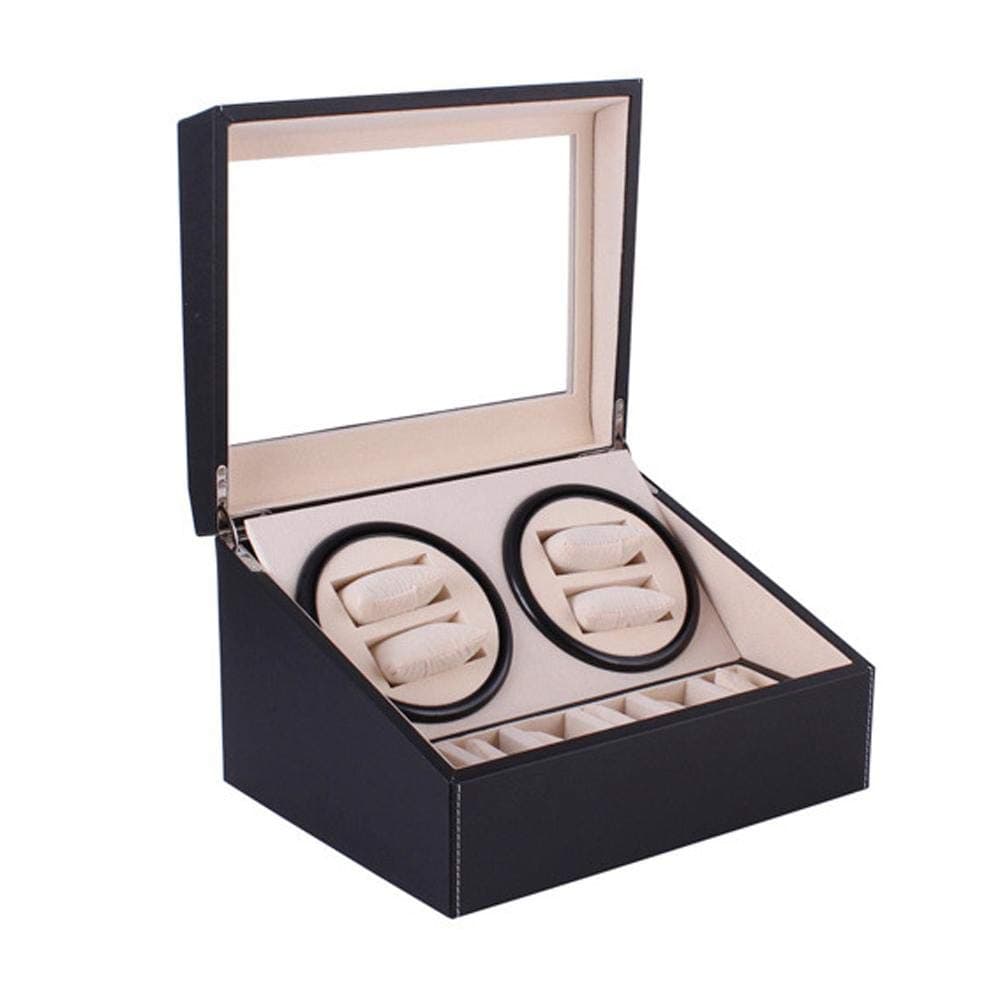 SKEIDO Leather Automatic Watch Winder 4 Plus 6 Piece Storage -Black