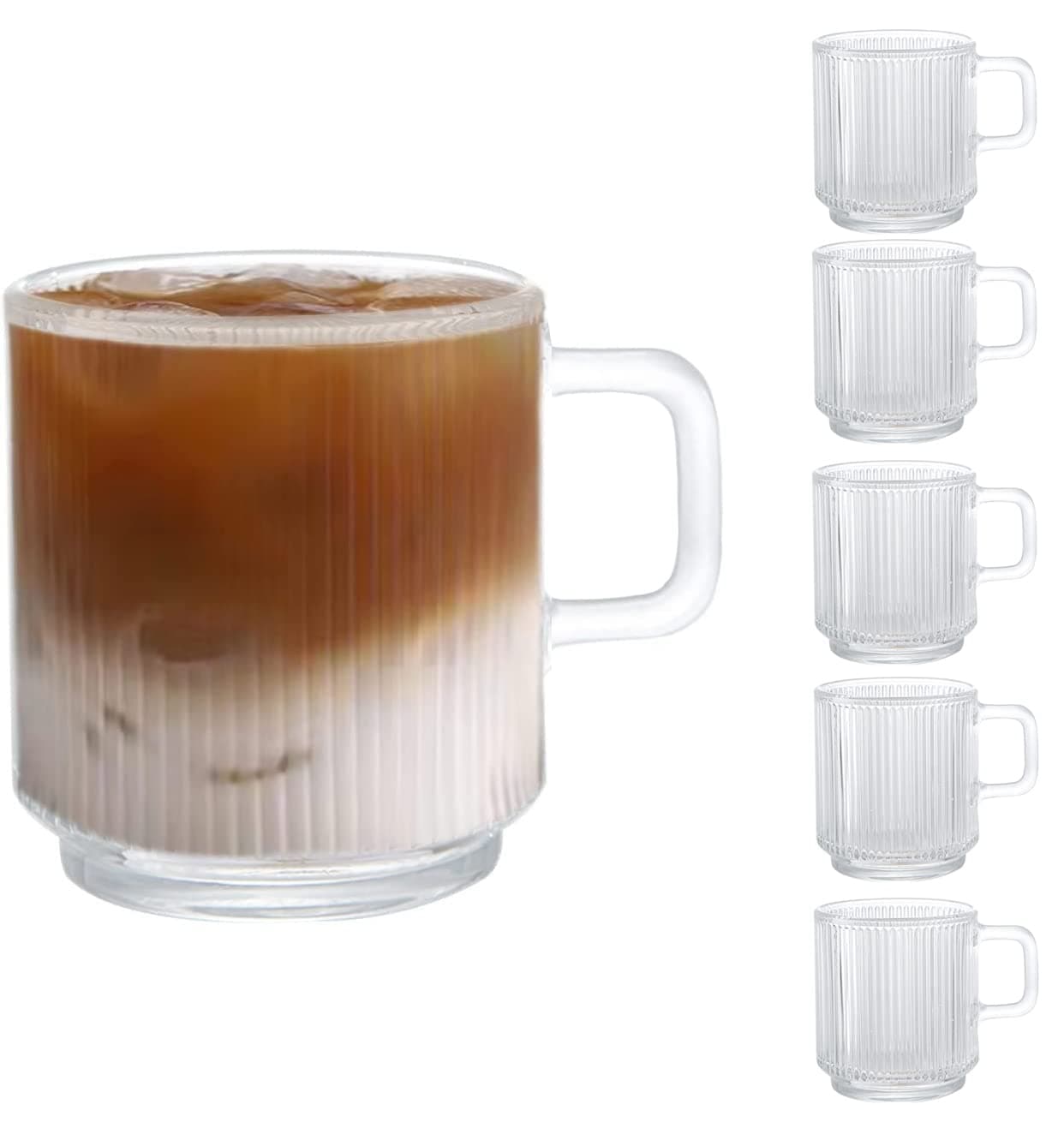 [6 Pack, 350ML - Glass Coffee Mugs with Handle, Classic Vertical Stripes Tea Cup,Transparent Tea Glasses for Hot/Cold Beverages.