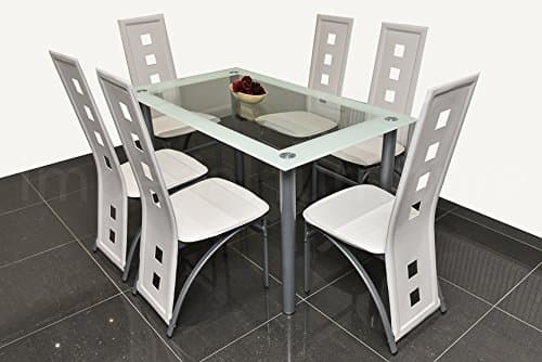 MODERN GLASS DINING TABLE SET BLACK OR WHITE WITH 4/6 FAUX LEATHER CHAIRS NEW (White, Large - Set of 6 Chairs Plus Table)