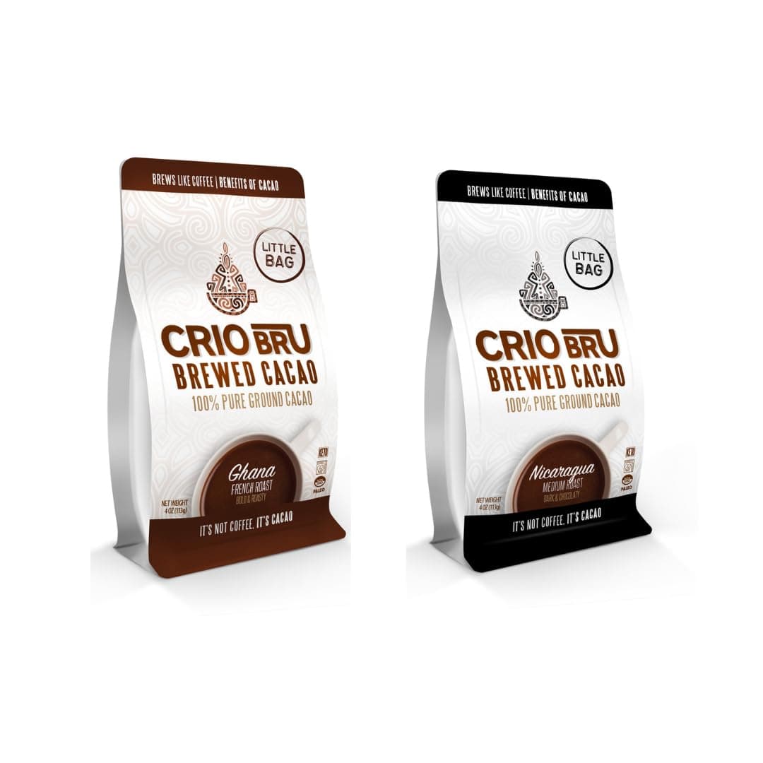 Crio Bru 2 Pack 4 oz Little Bag Ghana Bundle | Organic Healthy Brewed Cacao Drink | Great Substitute to Herbal Tea and Coffee | 99% Caffeine Free Gluten Free Keto Low Calorie Honest Energy Brew And Enjoy Hot or Iced