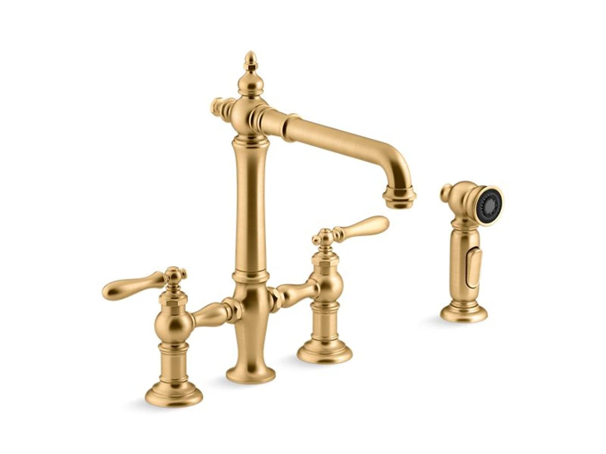 Artifacts deck-mount bridge kitchen sink faucet with lever handles and sidespray