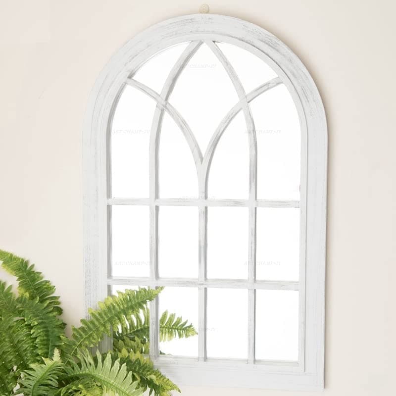 DEENZ Extra Large White Rustic Window Soho Style Mirror Hallway Vanity Wall Elegant Vintage Style 92x62cm (White Rustic)