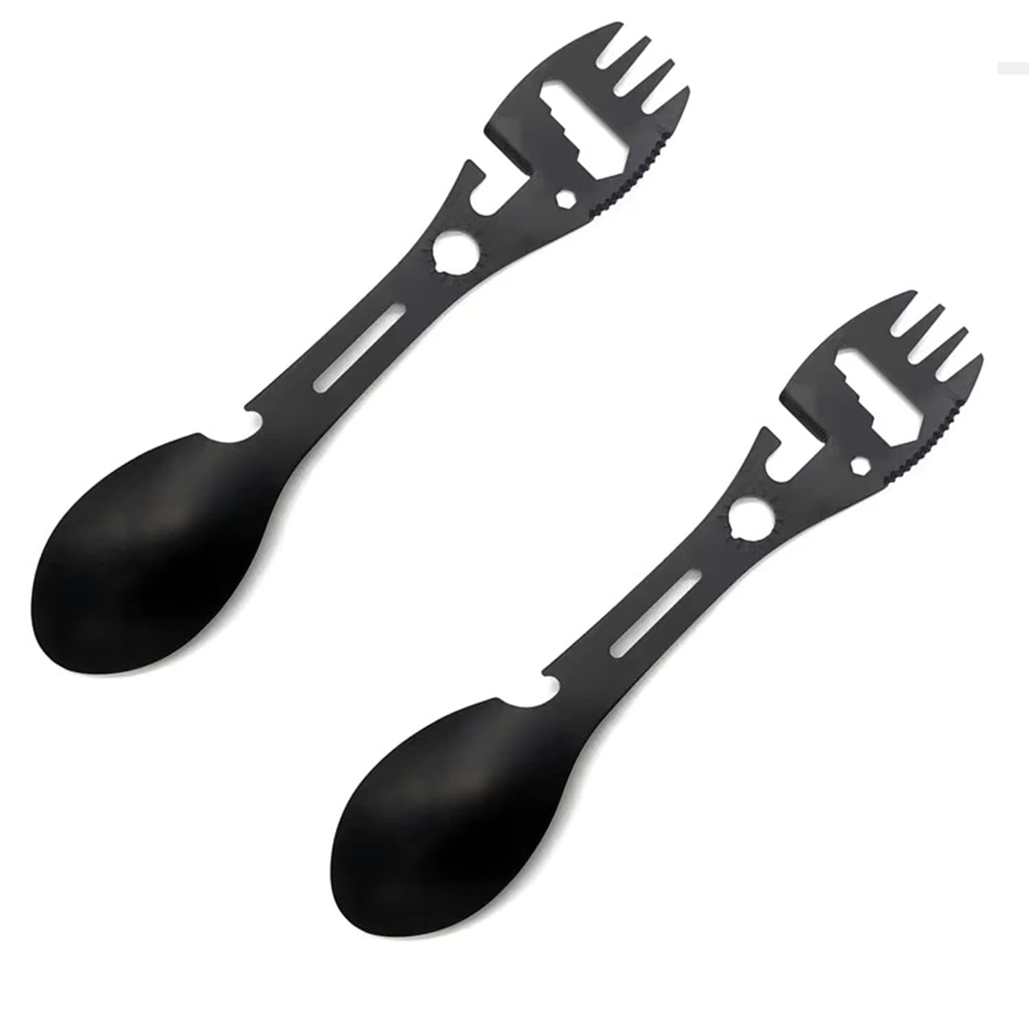 Multifunctional Outdoor Fork Spoon Detachable Tableware,10-in-1 Utility Tactical Spork, Stainless Steel Spoon & Bottle Opener, Fork & Knife, Combo Camping Utensil for Hiking(Black,2pcs)