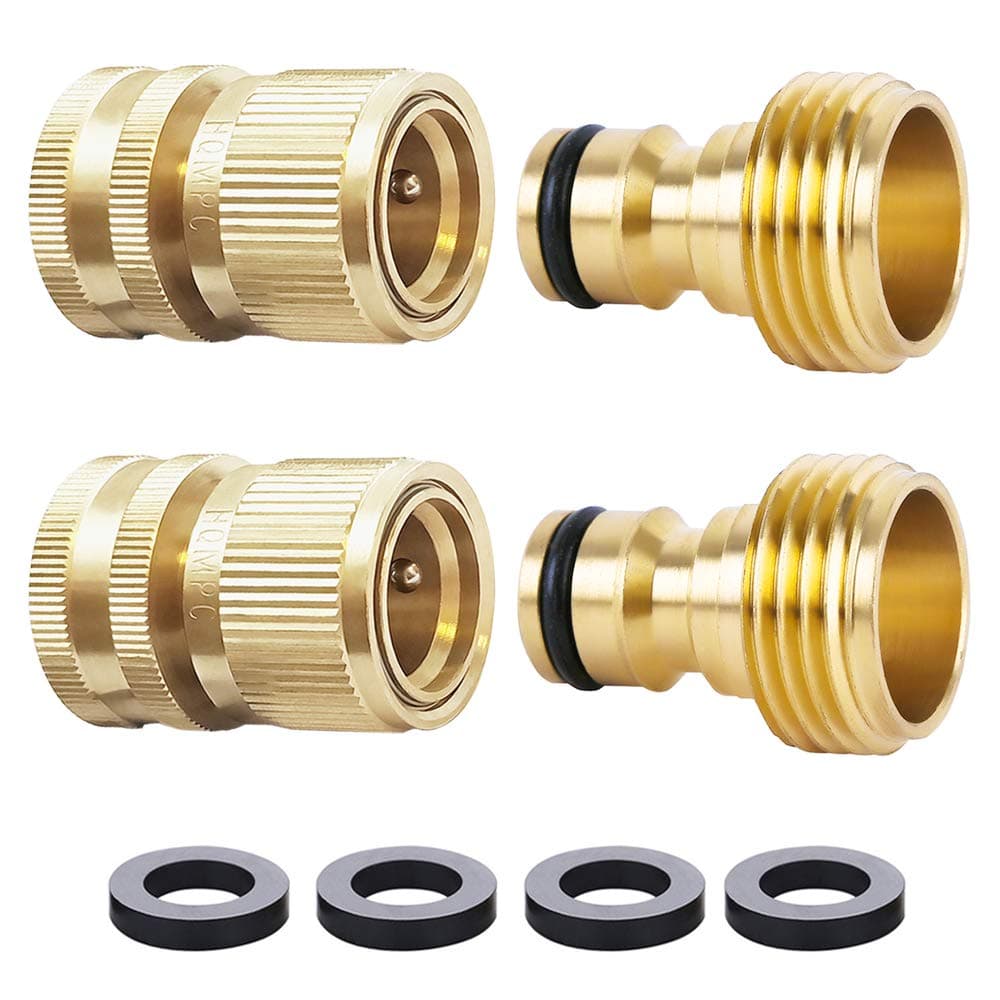 Garden Hose Quick Connect Solid Brass Quick Connector Garden Hose Fitting Water Hose Connectors Garden Hose Disconnect 3/4 inch GHT (2Sets) (2Female+2Male)
