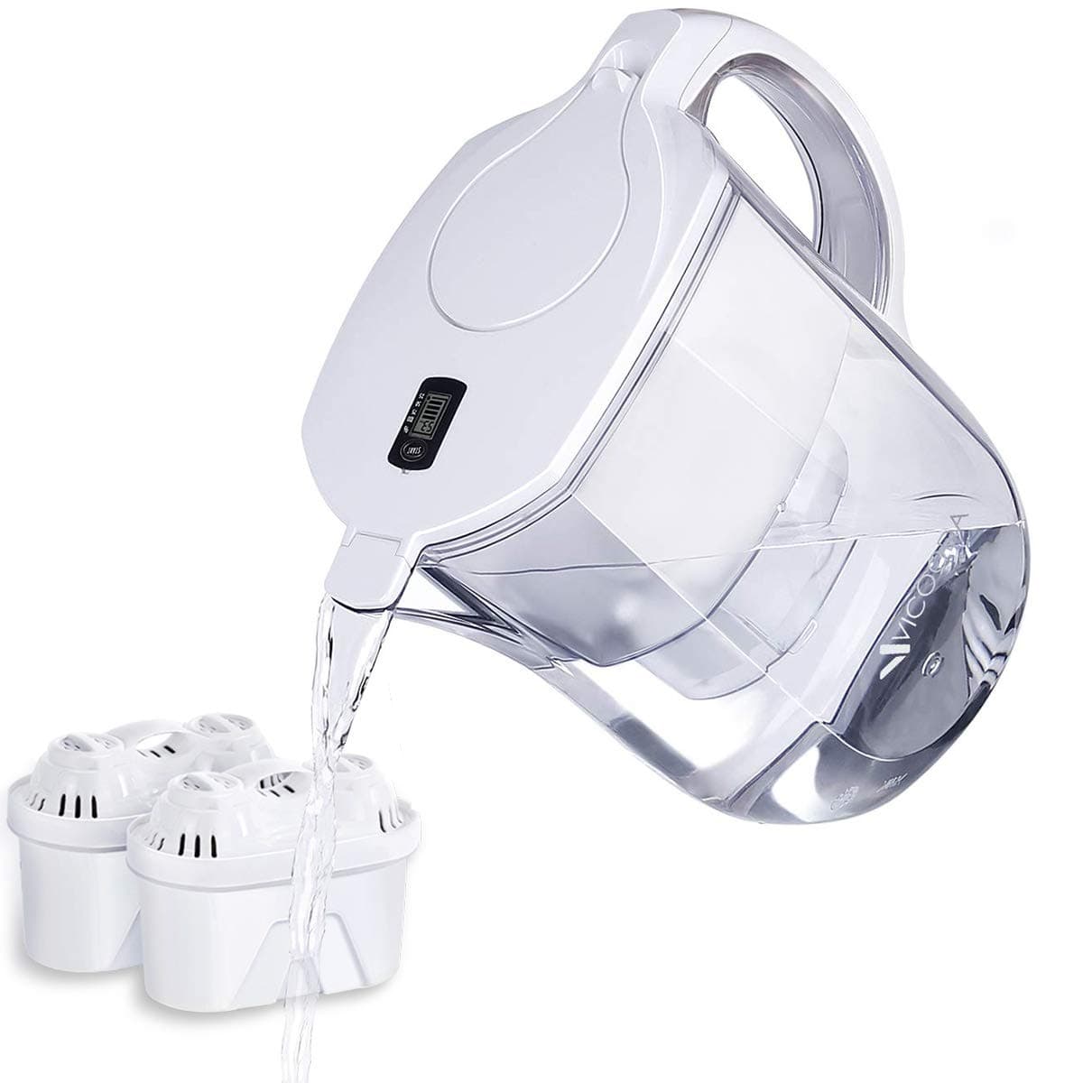 Water Filter Pitcher, 10 Cup Pitcher with Electronic Filter Indicator, 2 Filters - BPA Free, Comfortable Handle, Fast Filtering Outlet, Ultra Adsorptive Material - White