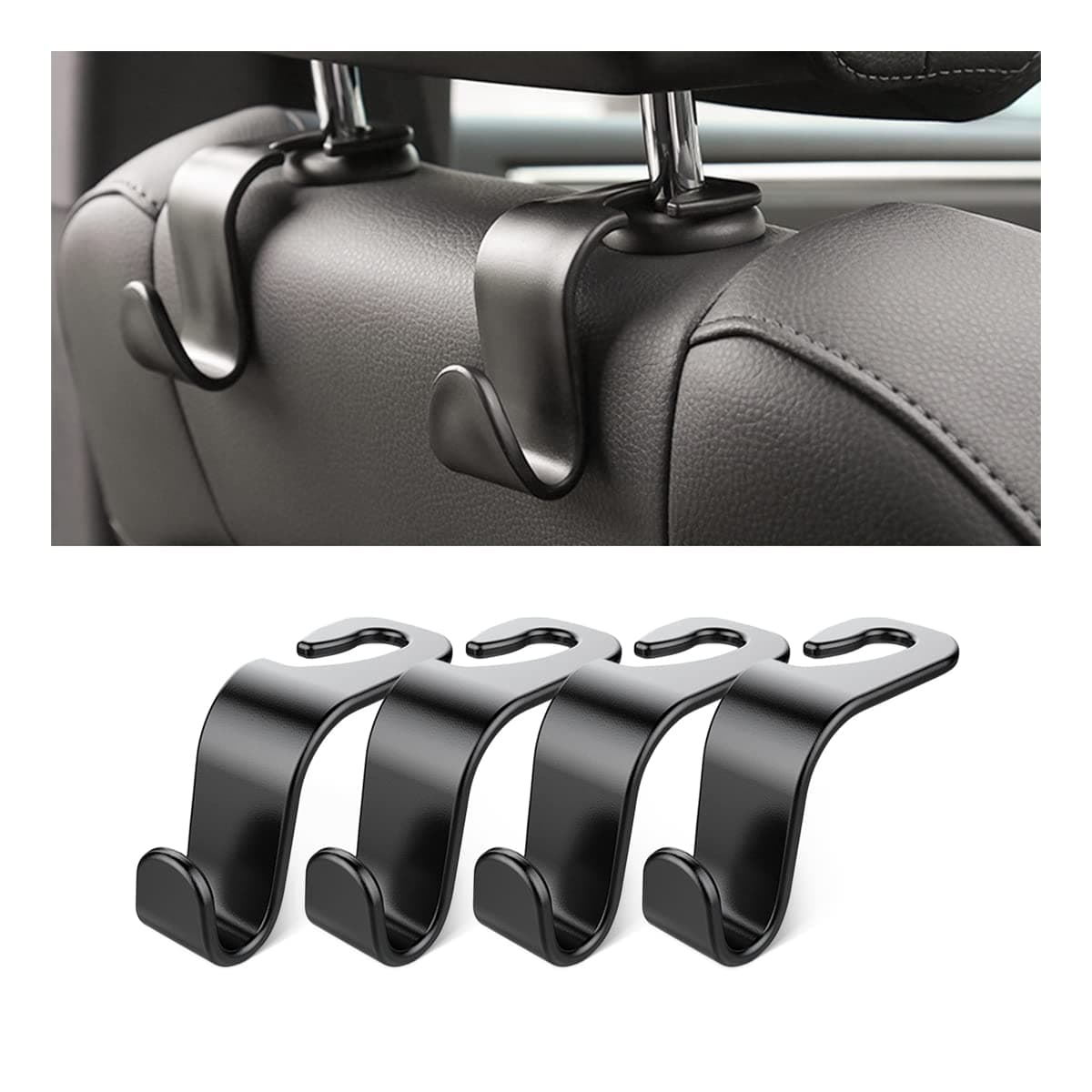 Car Back Seat Headrest Hooks, 4 Pack Black Stylish Back Seat Hanger for Car Handbag Clothes Coats Grocery Bags, Car Interior Accessories