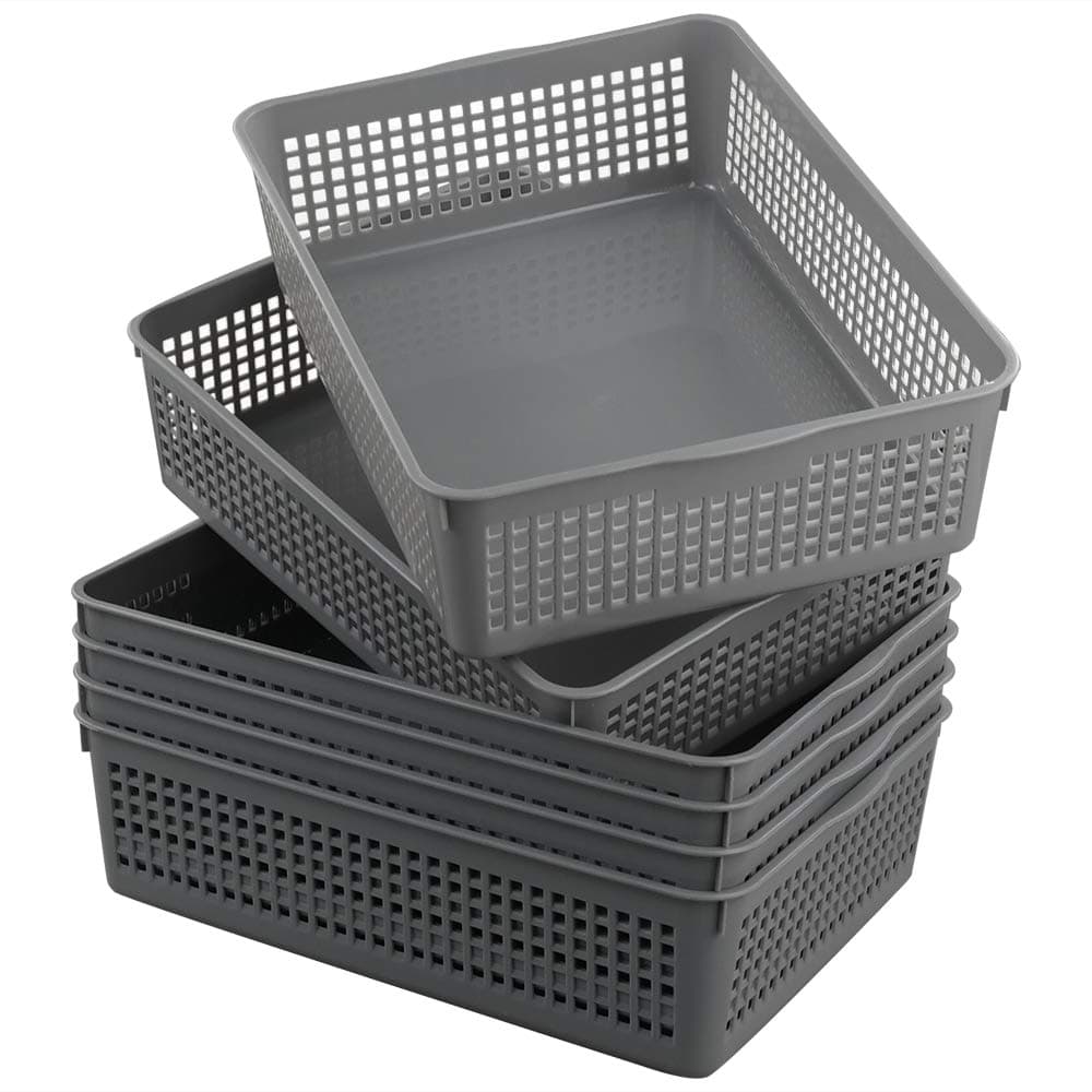 Eudokky A4 Grey Plastic Basket Tray, Rectangular Storage Baskets, Set of 6