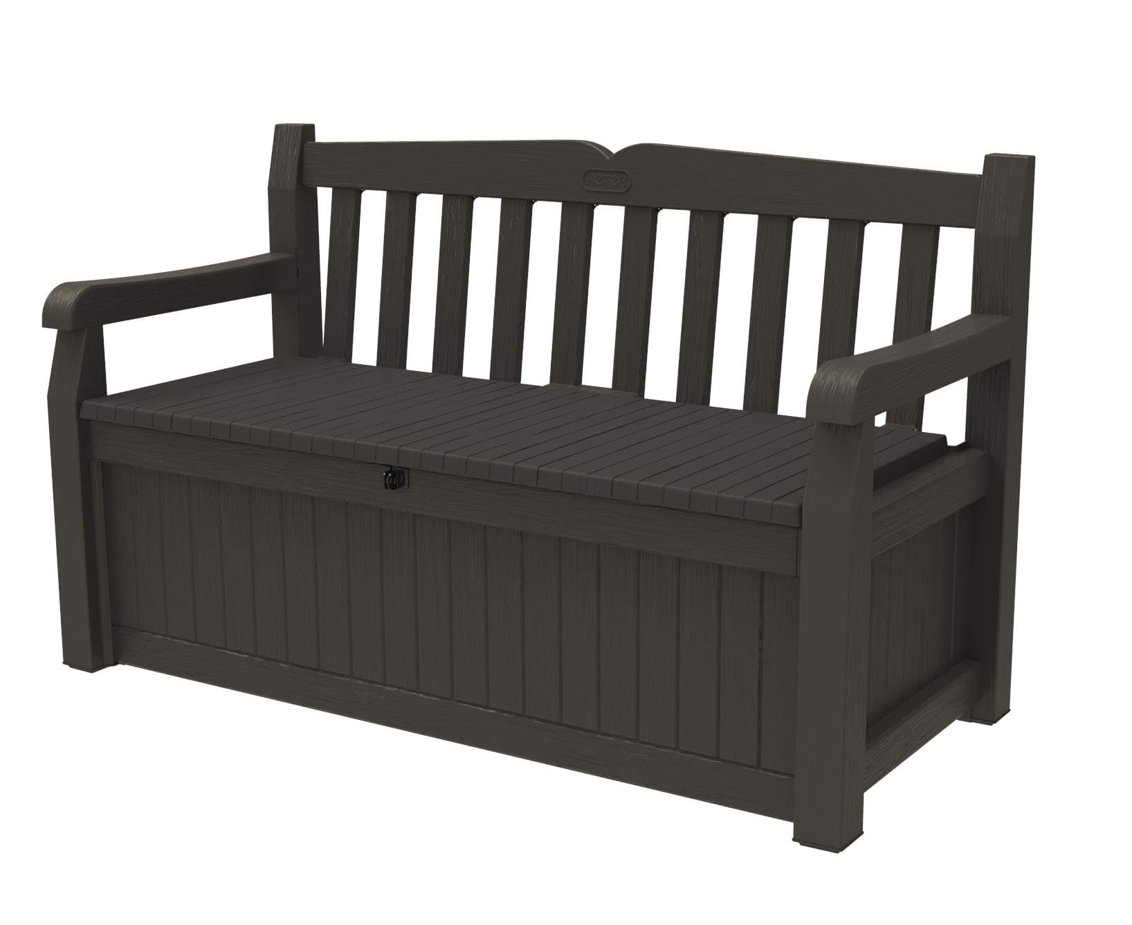 Keter Solana 70 Gallon Storage Bench Deck Box for Patio Furniture, Front Porch Decor and Outdoor Seating – Perfect to Store Garden Tools and Pool Toys, Brown/Brown