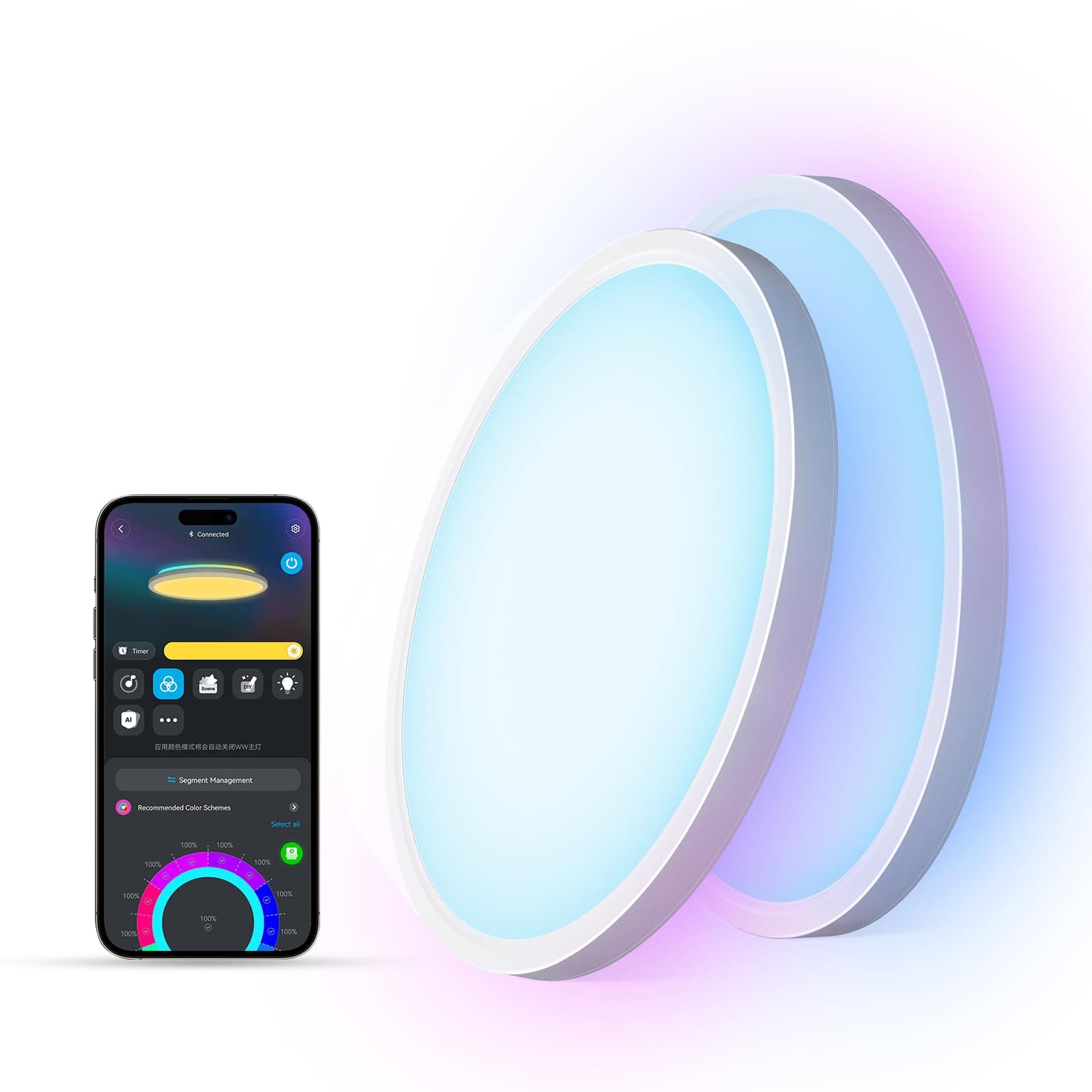 Smart Ceiling Light, RGBIC LED Ceiling Light Fixture, 2400LM Flush Mount Light Fixture, DIY Colors, Works with Alexa, 2200K-6500K Ceiling Lights for Bedroom, Living Room, 12 Inch, 2 Packs