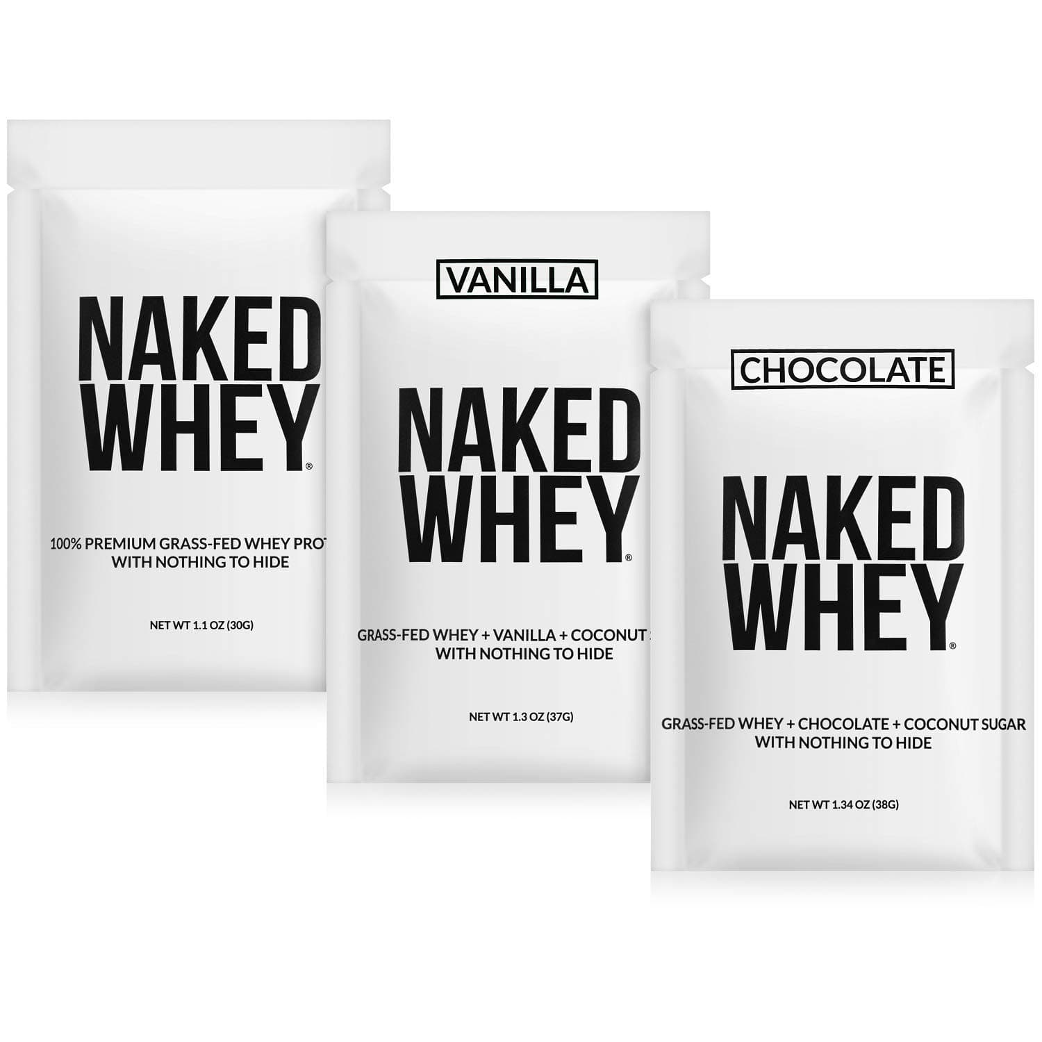 NAKEDWhey Sample Pack - Unflavored, Chocolate, and Vanilla