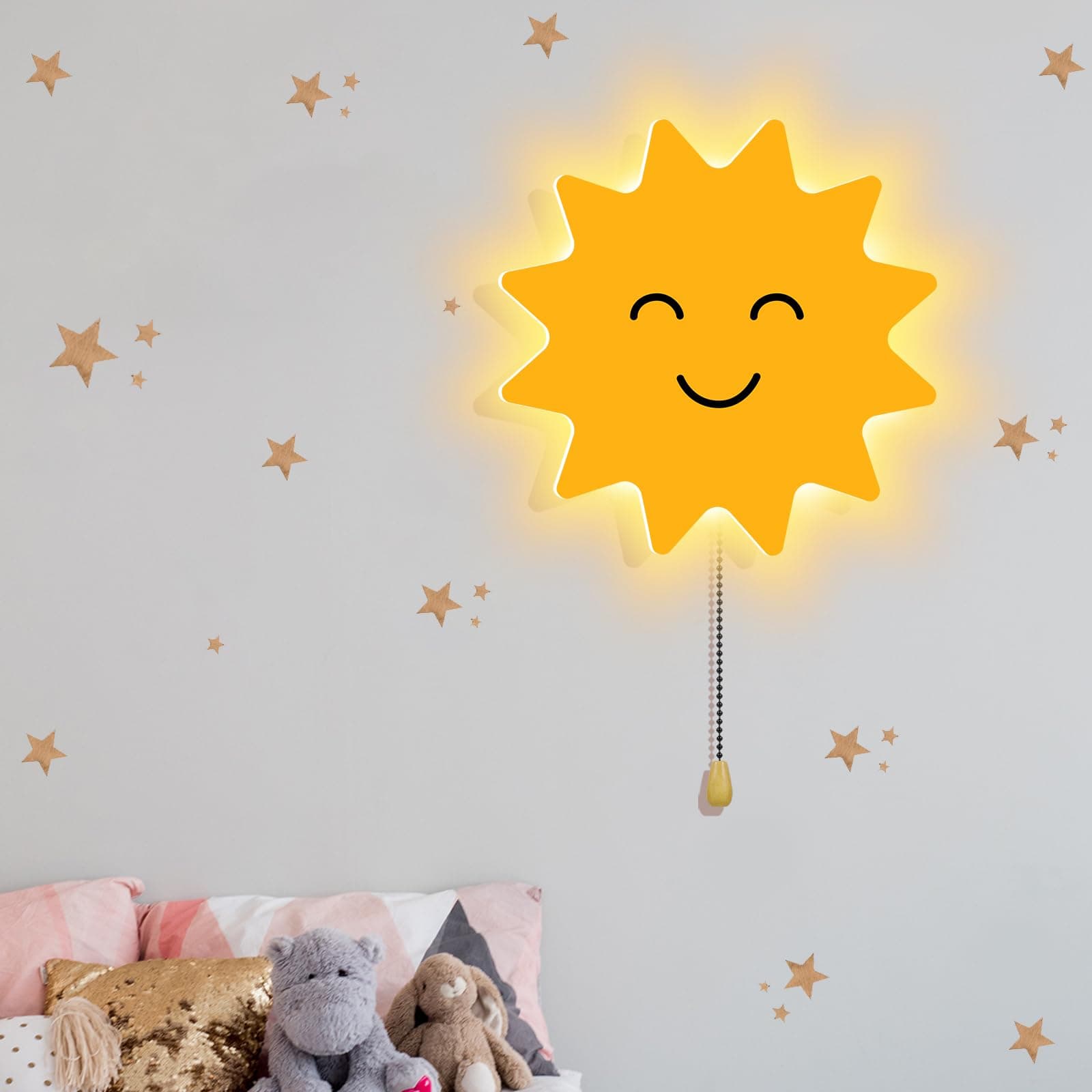 Sun Night Light Wall Lamp Sleeping Nursery Lighting Cute Floating Battery Operated Hanging Lamp for Baby Boys Girls Bedroom Room Nursery Wall Decorations