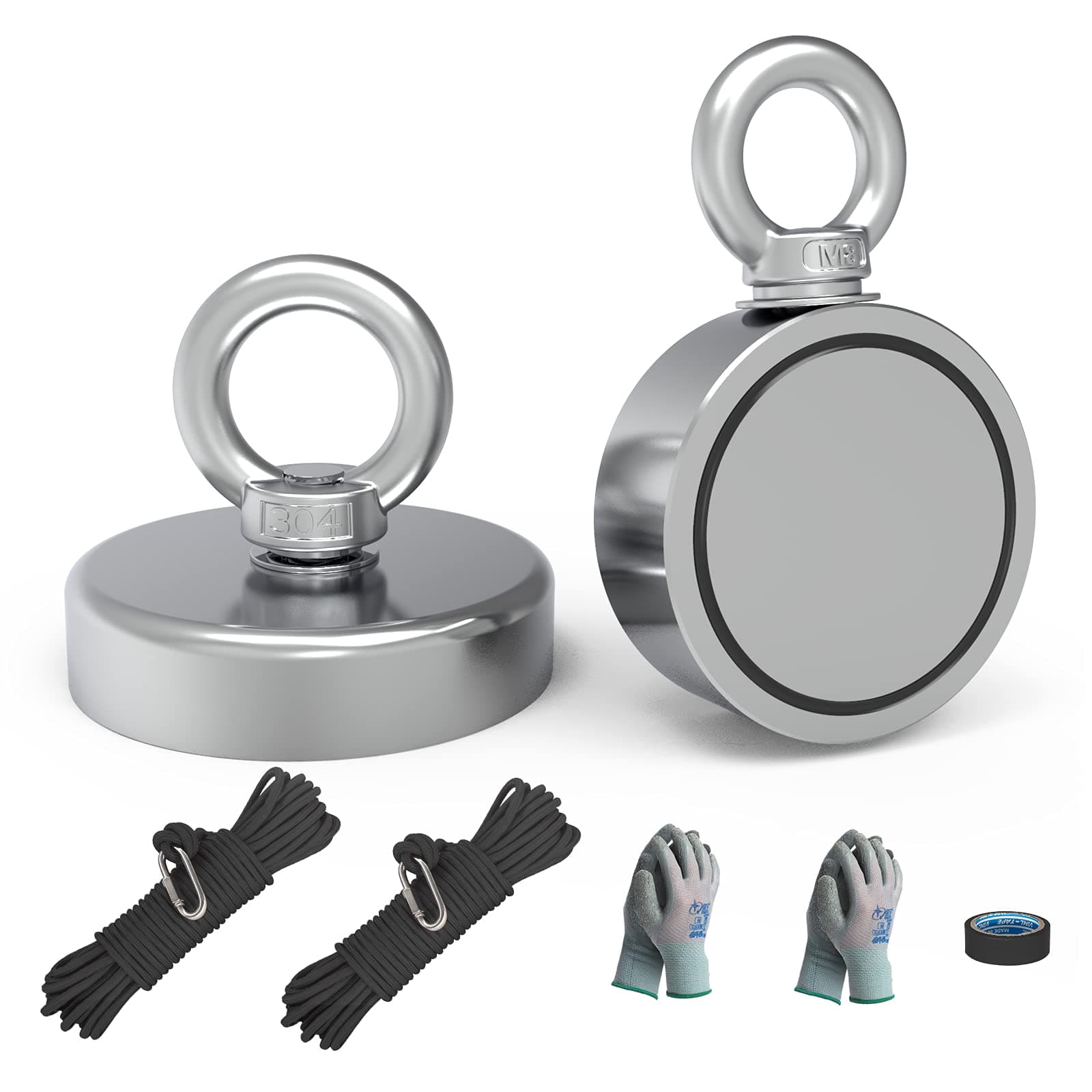 THCMAG Magnet Fishing Kit 2 Pack - 760LBS Combined Pulling Force with 2 Ropes and Gloves - 650LBS Neodymium Rare Earth Magnet for River Salvage and Retrieval