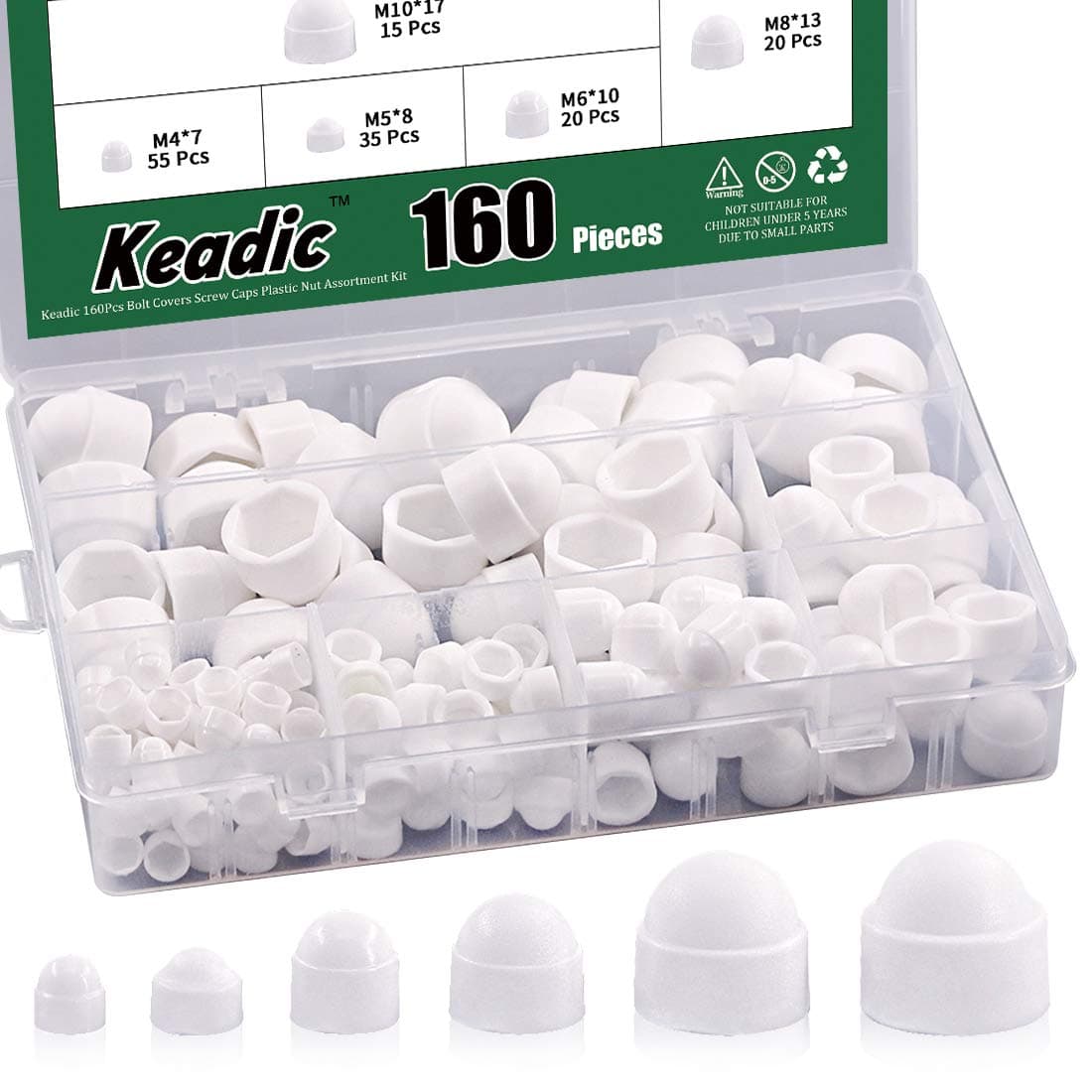 Keadic 160Pcs Bolt Covers Screw Caps Plastic Nut Assortment Kit with Organizer Box, M4 M5 M6 M8 M10 M12 Durable Nylon Insert Locknut for Matching Screws or Bolts, White