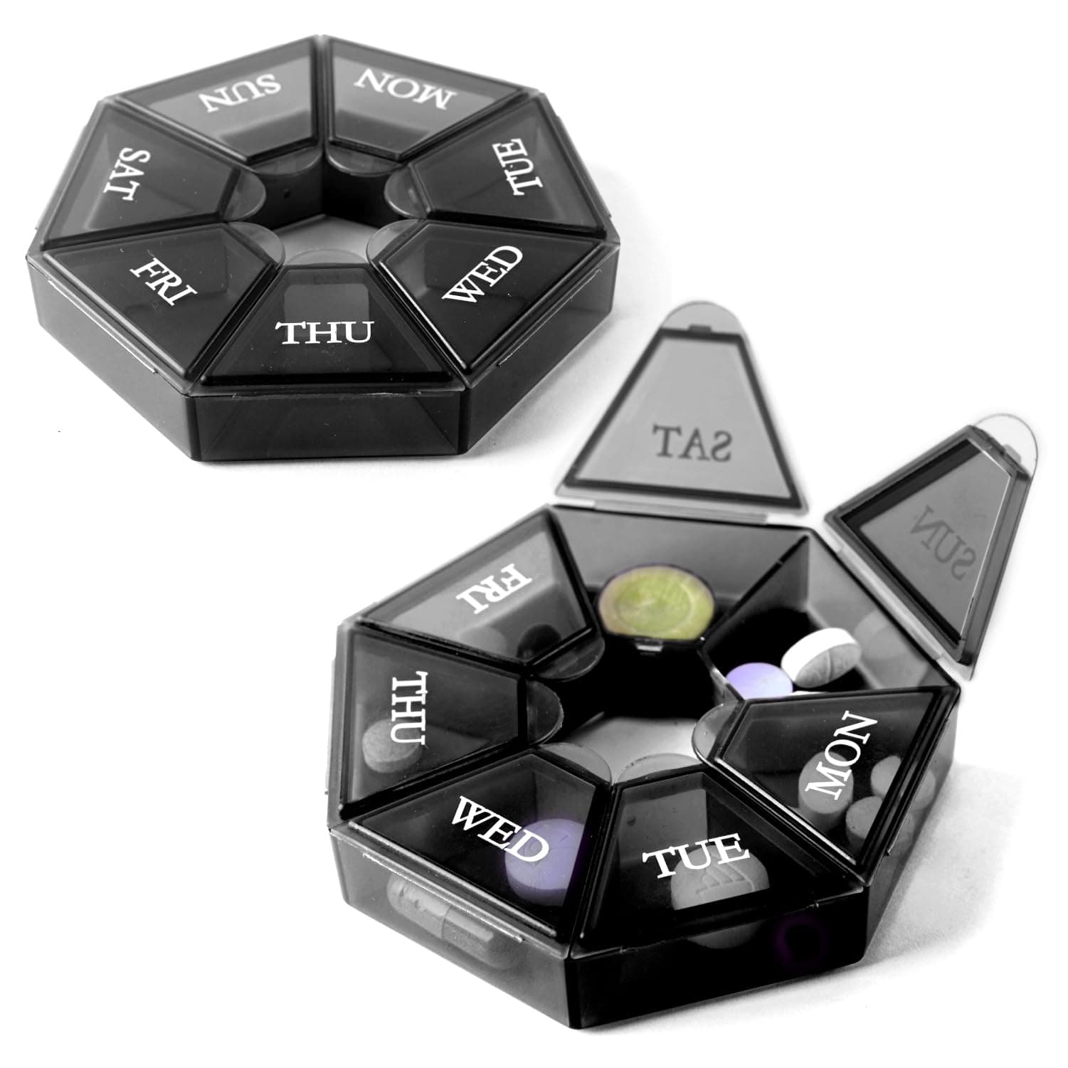 Small Weekly Pill Organizer (2 Pack), Round Pill Dispenser for Travel, Mini Pill Organizer, Compact Medicine Holder, Pill Sorters 7 Days, Portable Vitamin Container, BPA Free (Food Grade)