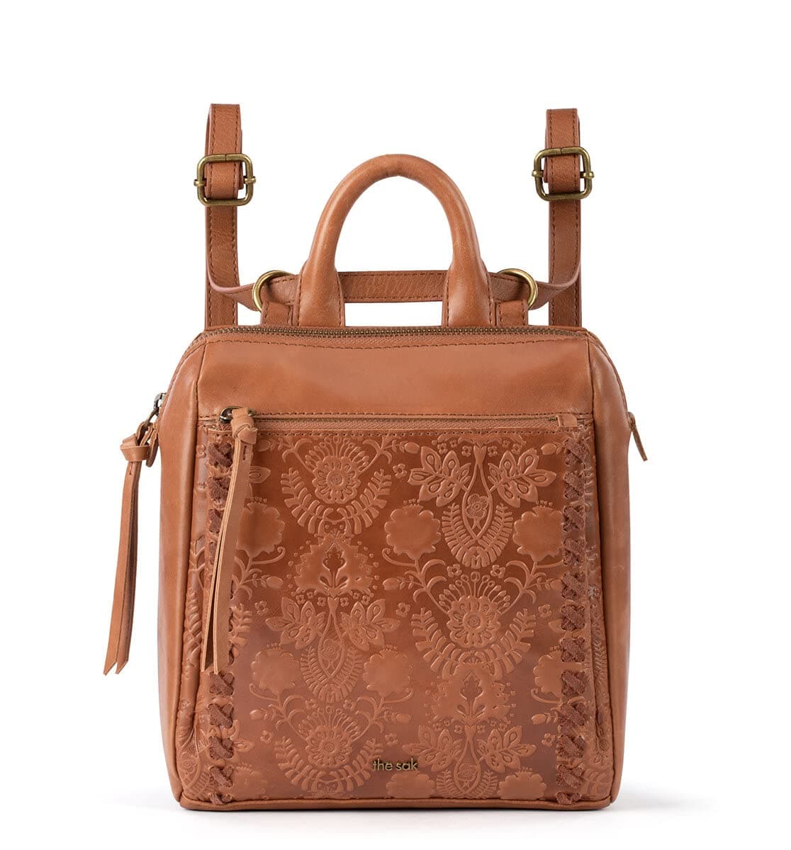 Loyola Mini Backpack in Leather, Convertible Design with Adjustable Strap, Tobacco Floral Embosseed