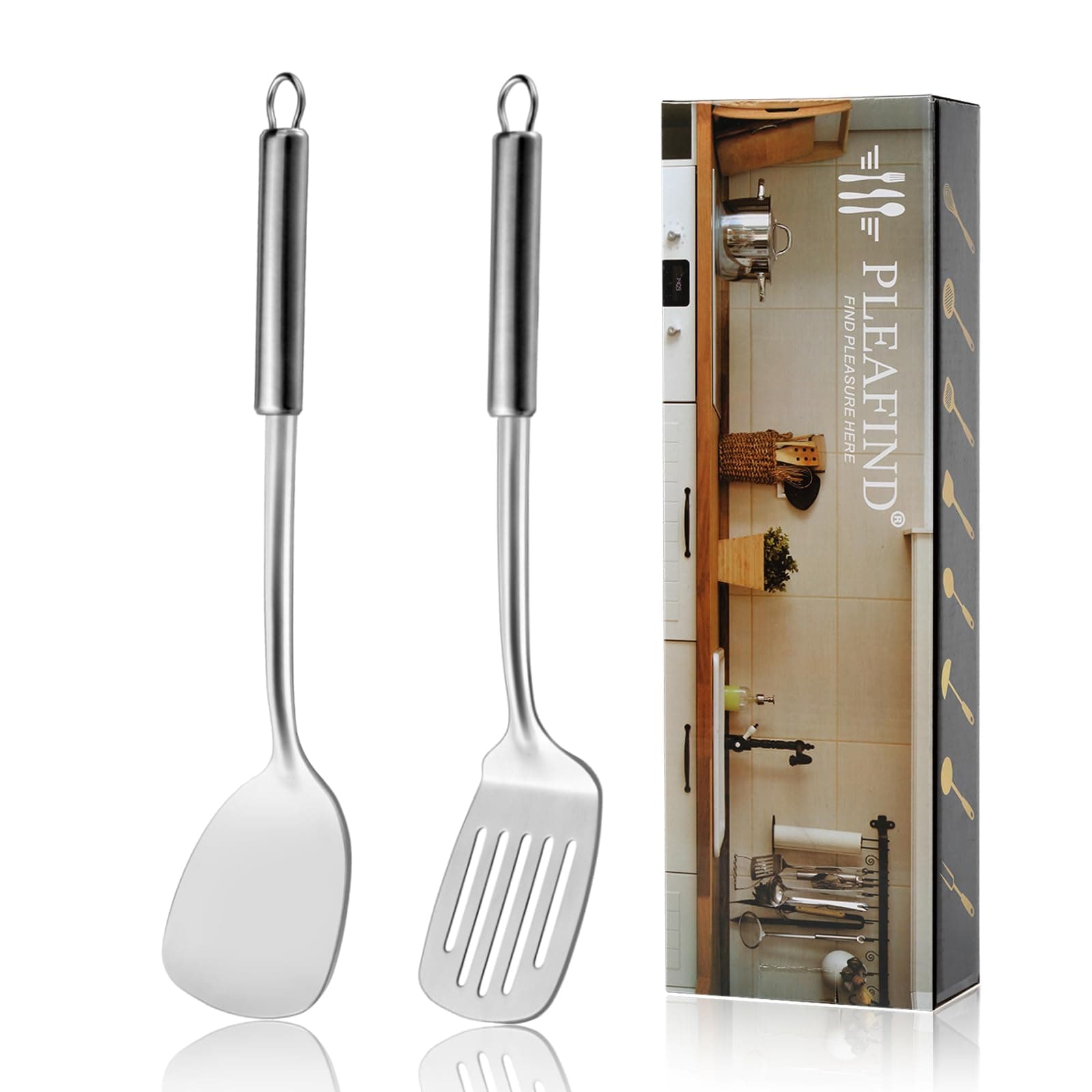 Pleafind 2-Pcs Solid & Slotted Spatula Set, 304 Stainless Steel Spatula, Metal Spatulas, Wok Utensils, Cooking Utensils, Wok Spatulas for Home, Kitchen and Restaurant, Dishwasher Safe