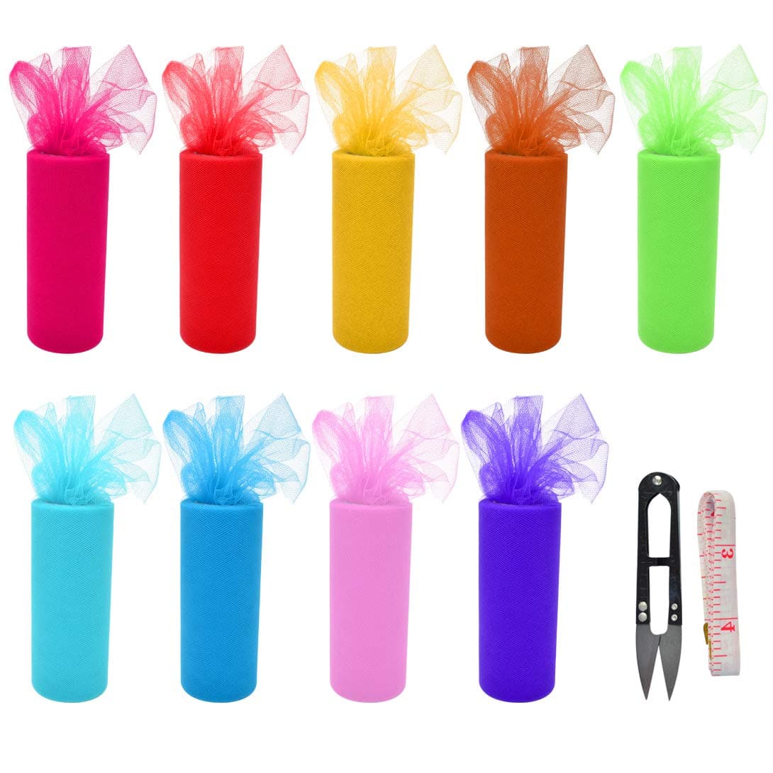 mifengda 225yards 9 Colors Solid Net Tulle Roll 6" Wide Pastel Fabric Rainbow Tulle Ribbon Spools Premium Tulle Assortment+Scissors+Body Measuring Ruler for Table Skirt Rainbow Party Tulle Skirt