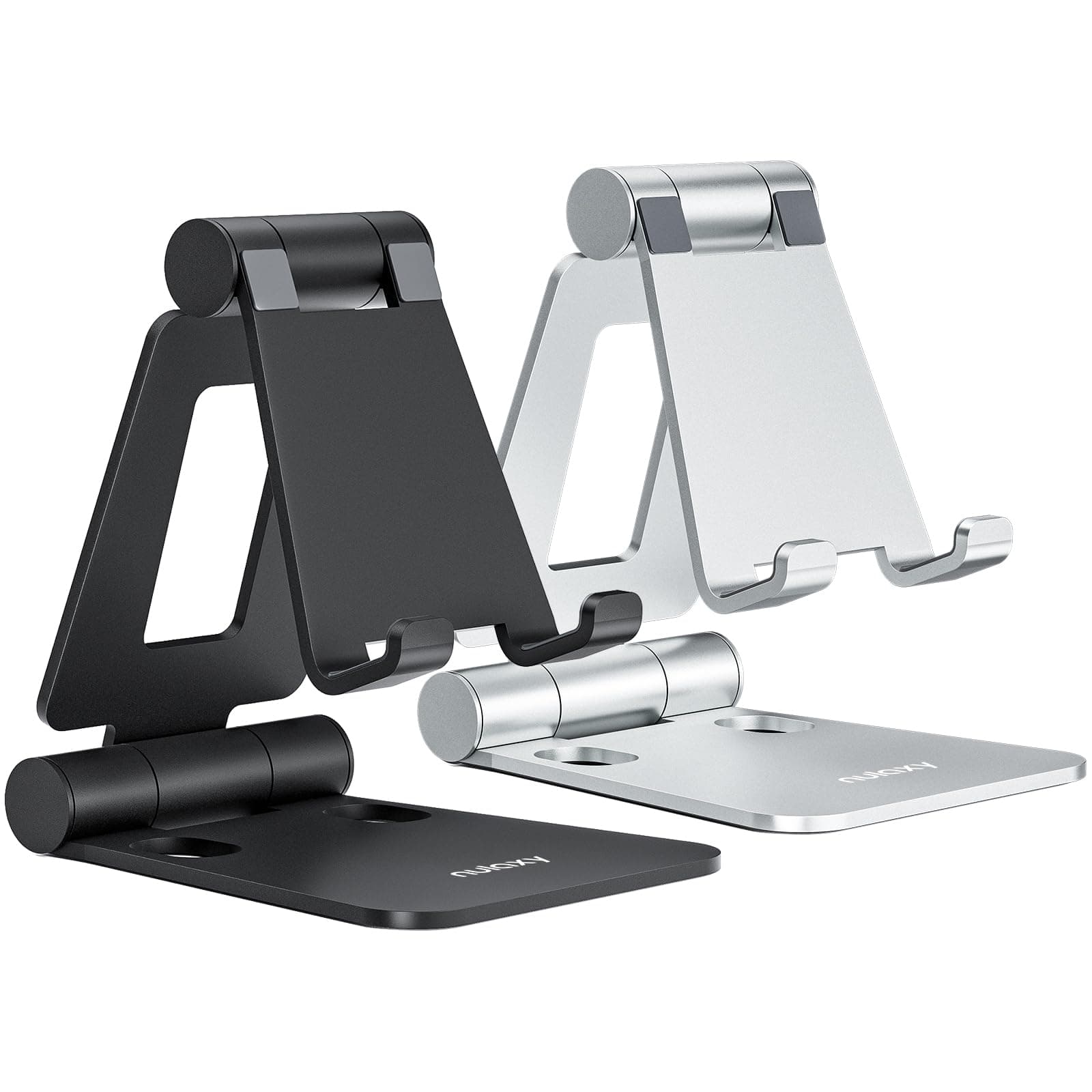 Nulaxy 2 Pack Dual Folding Phone Stand, Fully Adjustable Desktop Mobile Holder Dock Aluminum, Compatible with iPhone 17 16 15 14 13 12 11 Xs Xr X 8, HUAWEI, Galaxy, All Smartphones, Black & Silver