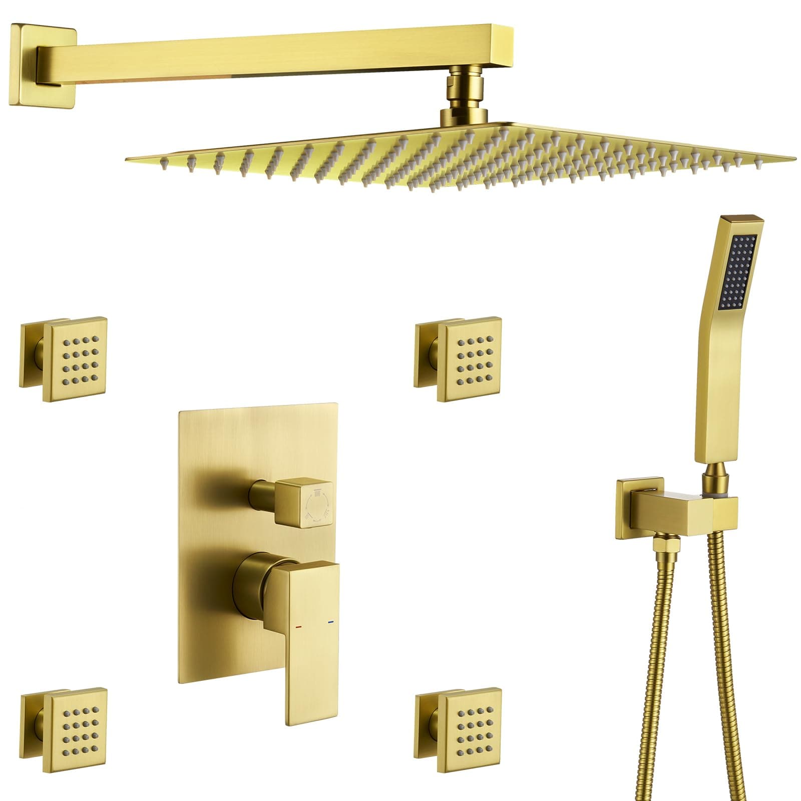 Rain Shower System With Complete 4 Pcs Body Sprays Jets And Pressured Balance Rough-in Valve,12Inch Rainfall Shower Head And Handheld, Modern Brushed Gold Wall Mount Shower Faucets Sets