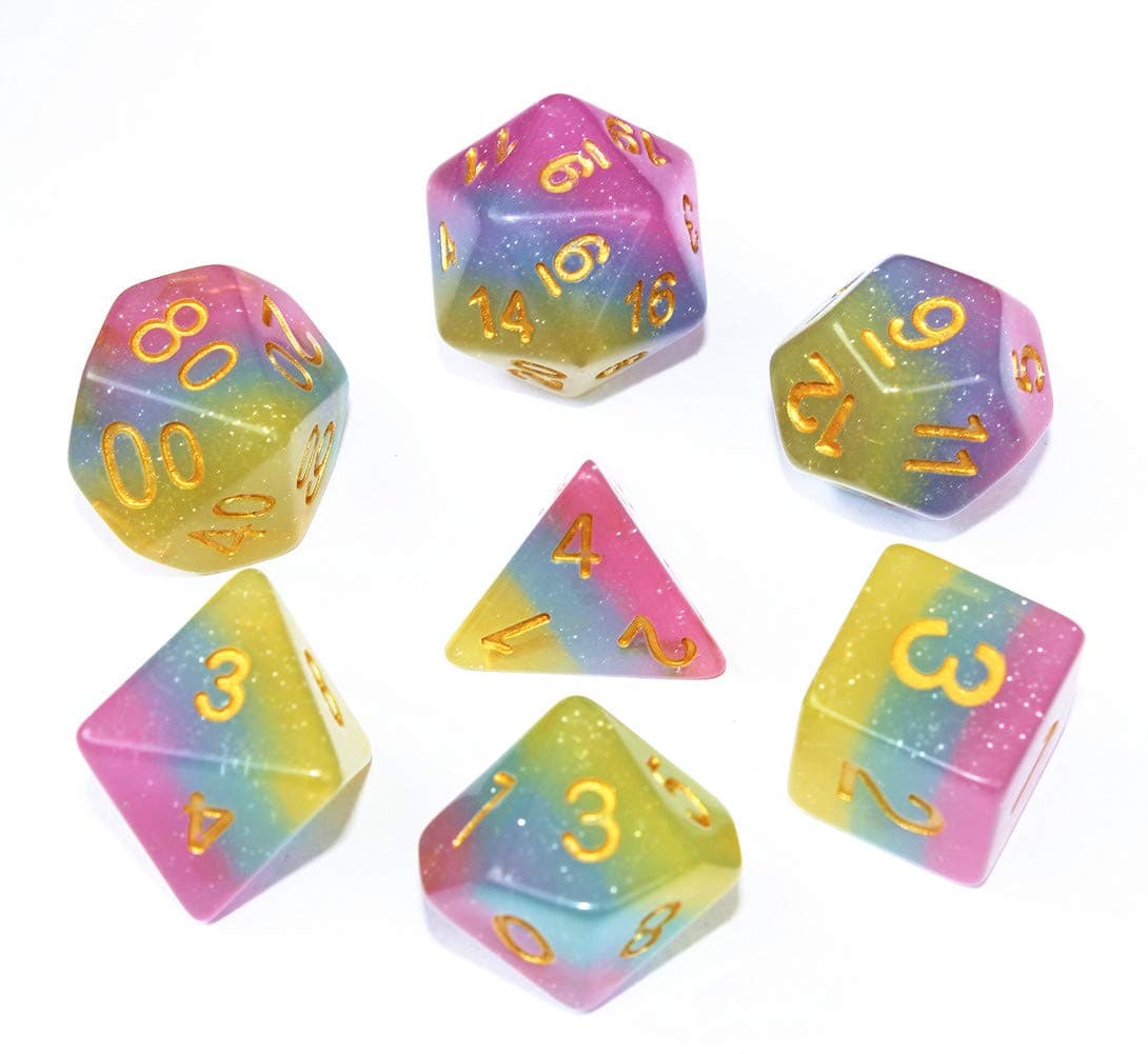 Flexble DND Dice Set Polyhedral RPG Dice for Dungeons and Dragons Pathfinder D&D Role Playing Game MTG Tabletop Pink,Blue,Yellow 3 Colors 7-Die Dice Set (Lollipop Dice)
