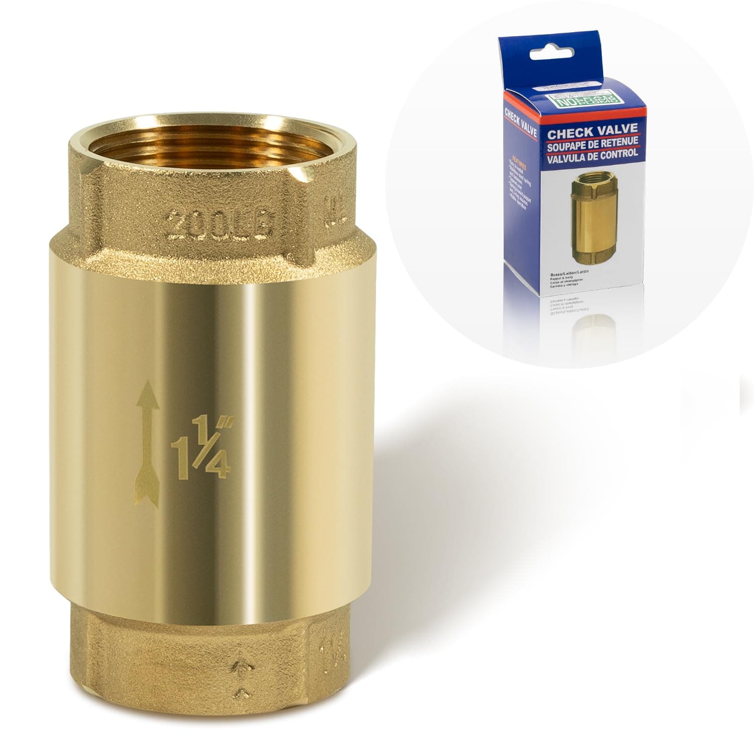 Check Valve with Backflow Prevention, Universal 1-1/4 inch One-Way Female Pipe Thread, Lead-Free Brass Construction, 1.25'' FNPT × 1.25'' FNPT