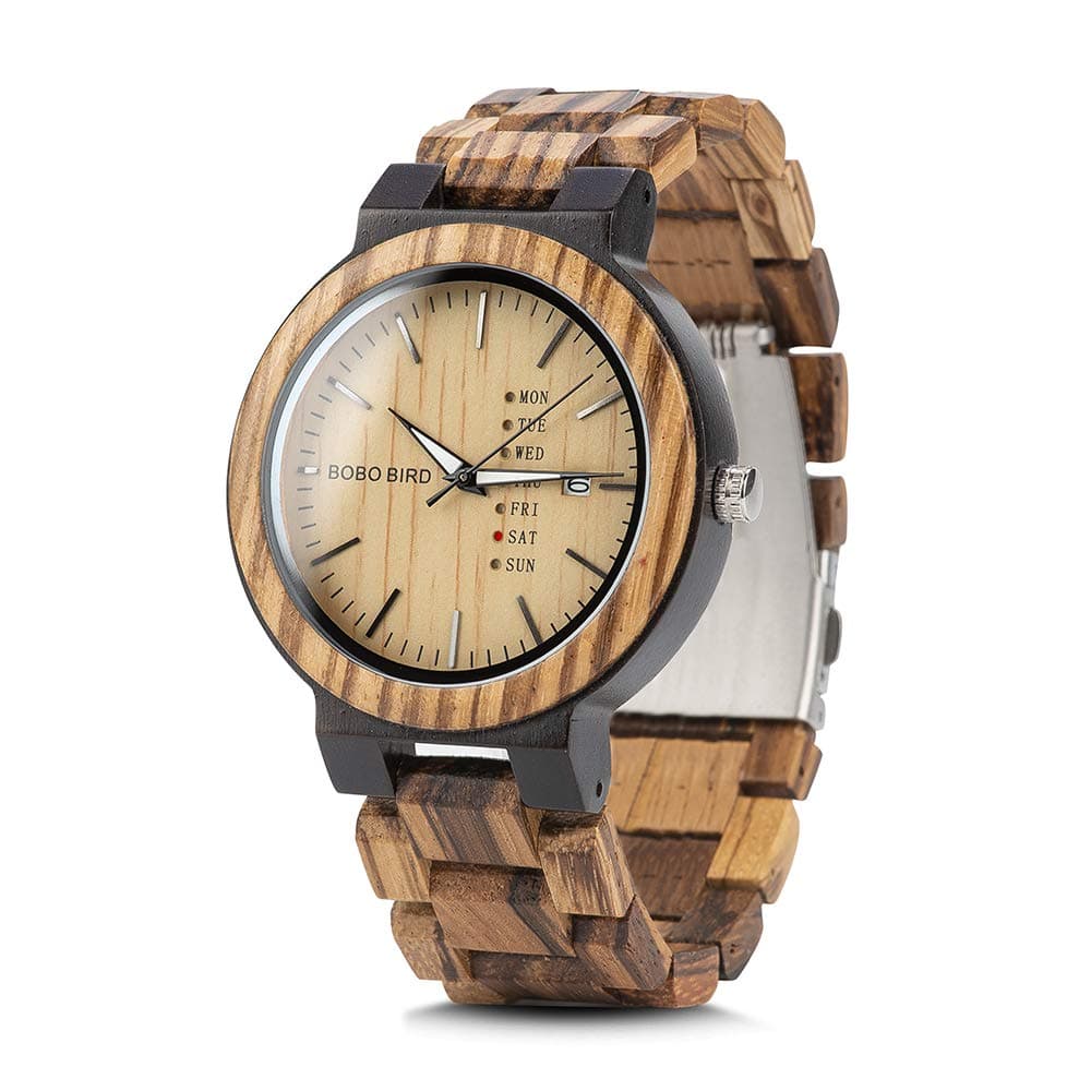 BOBO BIRD Week and Date Multi-Functional Display Men's Zebra Wooden Quartz Watch Lightweight Handmade Casual Wristwatches with Gift Box