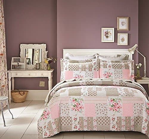 3 Piece Cotton Blend Luxury Bedspread Coverlets Bed Throw Double King Superking Bed (New Pink Patch)