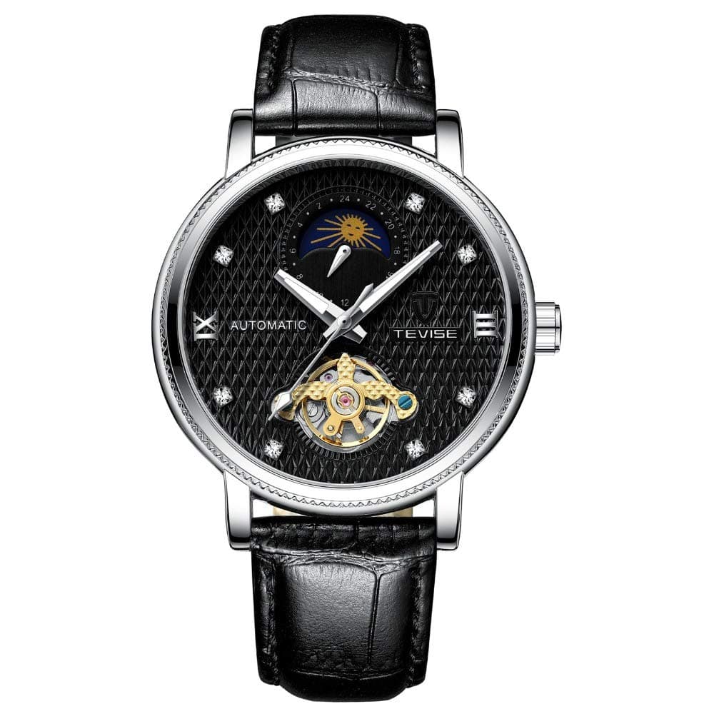 TEVISE Automatic Mechanical Watch Leather Strap Moon Phase Luminous Watches Tourbillon Fashion Wristwatches Daily Waterproof
